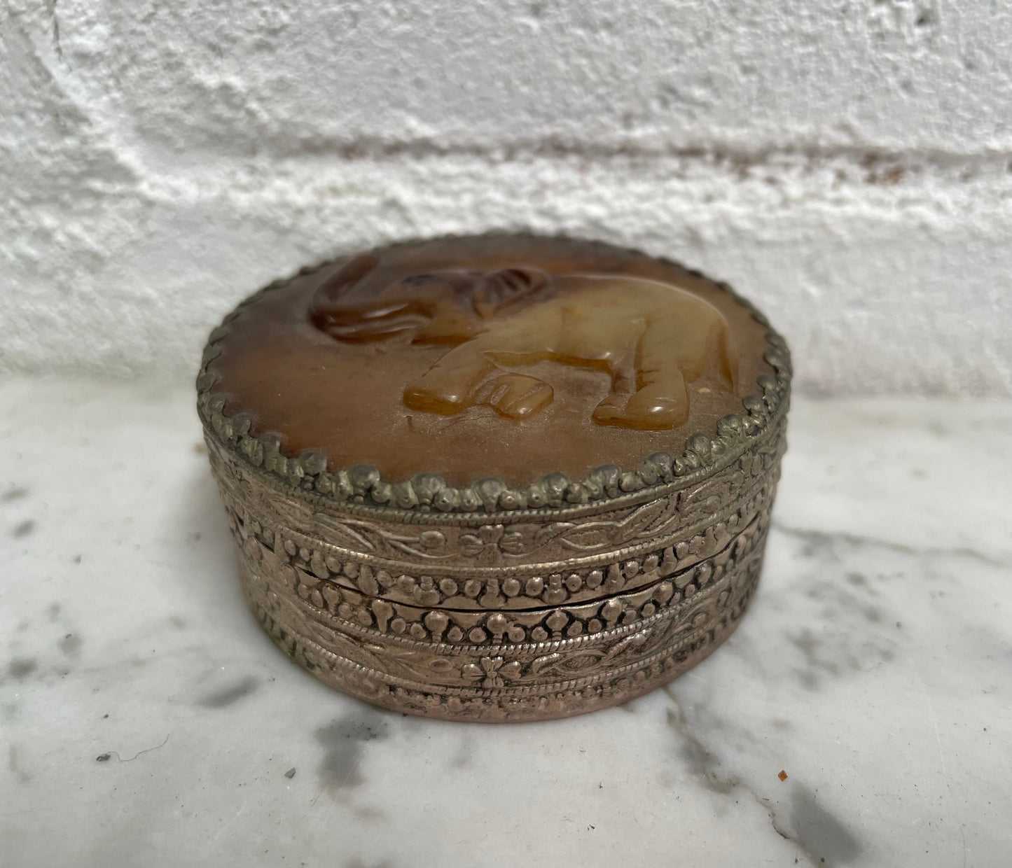 Vintage Asian Silver & Carved Jade Trinket Box