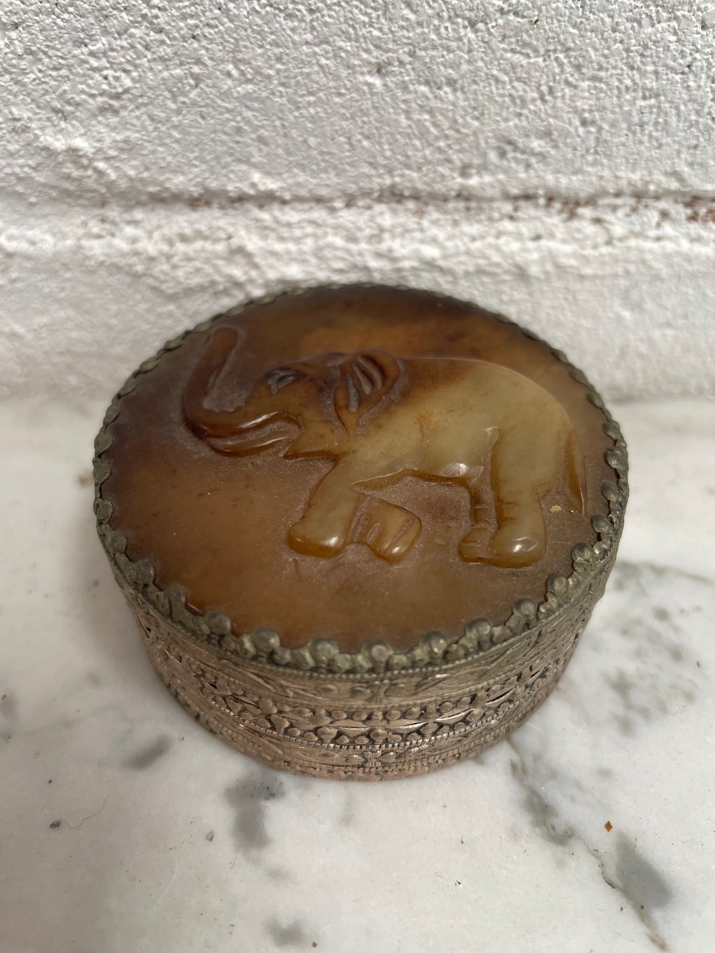 Vintage Asian Silver & Carved Jade Trinket Box