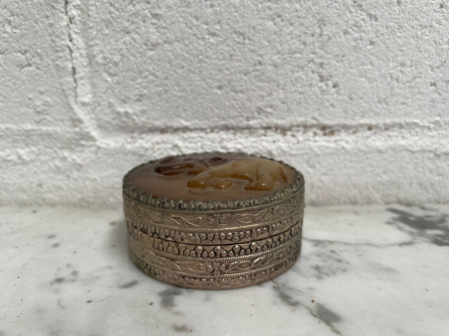 Vintage Asian Silver & Carved Jade Trinket Box