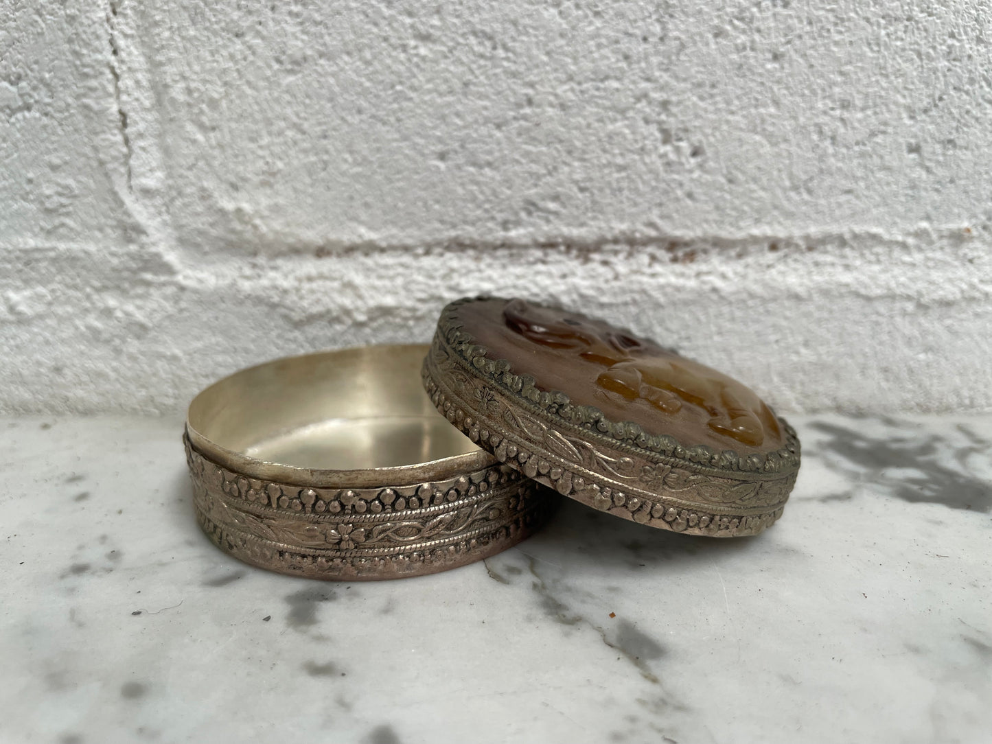 Vintage Asian Silver & Carved Jade Trinket Box