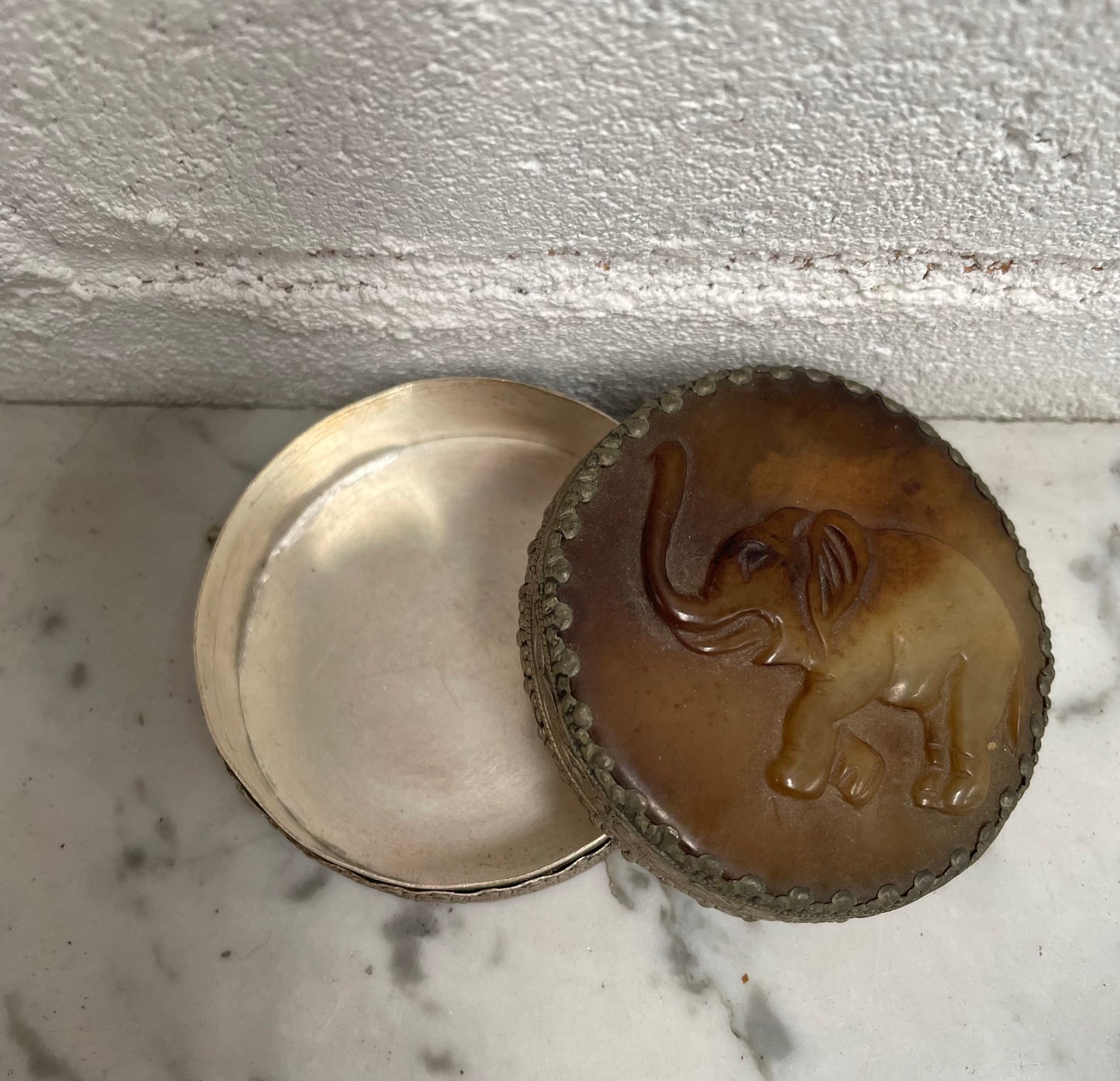 Vintage Asian Silver & Carved Jade Trinket Box