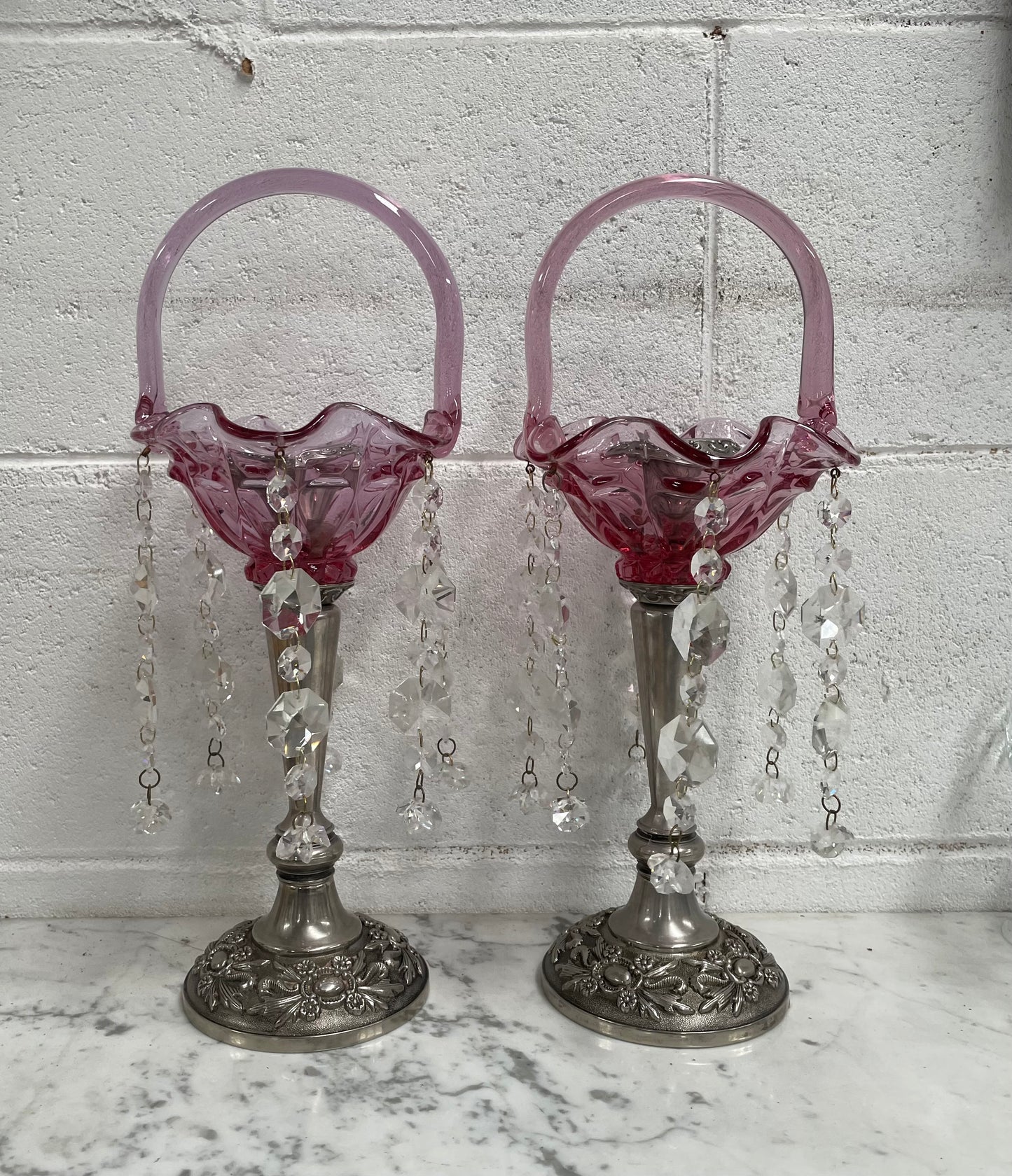 Pair Vintage Silver & Glass Candlesticks