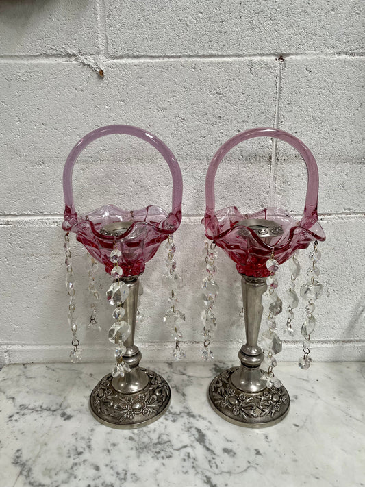 Pair Vintage Silver & Glass Candlesticks