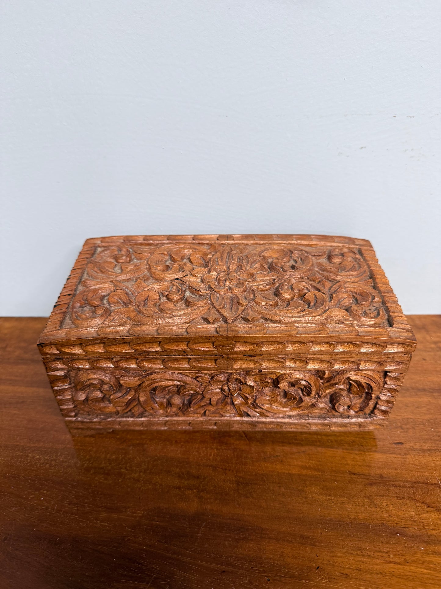 Vintage Hinged Carved Wooden Box