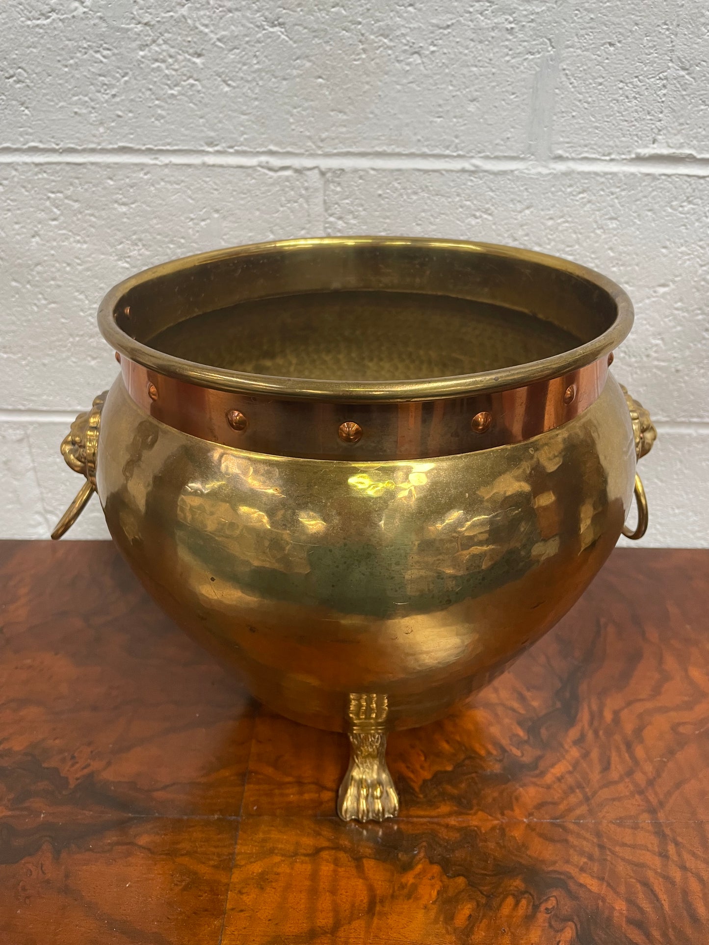 Vintage Brass & Copper Jardinière With Lions Head On Lion Legs
