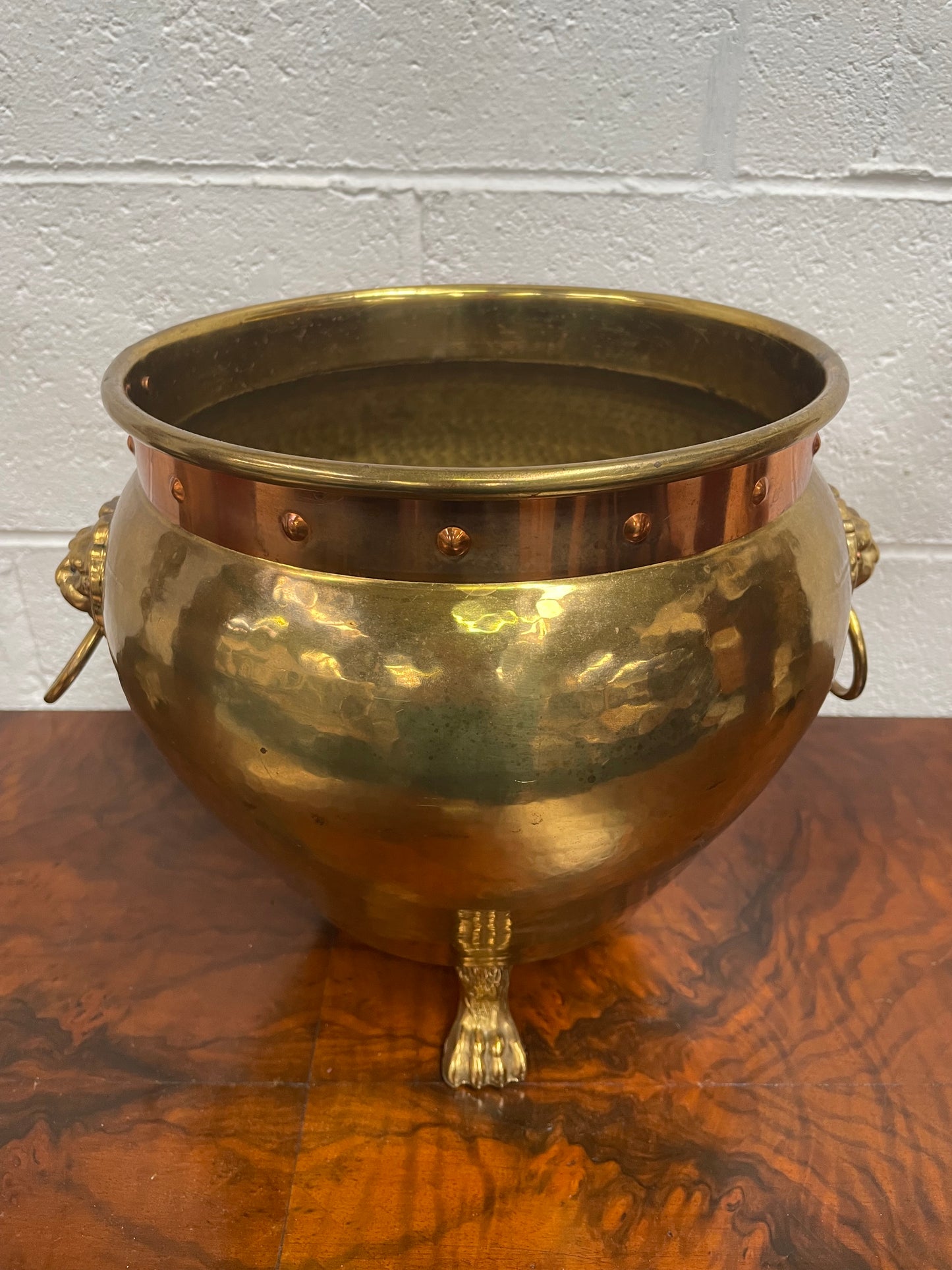 Vintage Brass & Copper Jardinière With Lions Head On Lion Legs