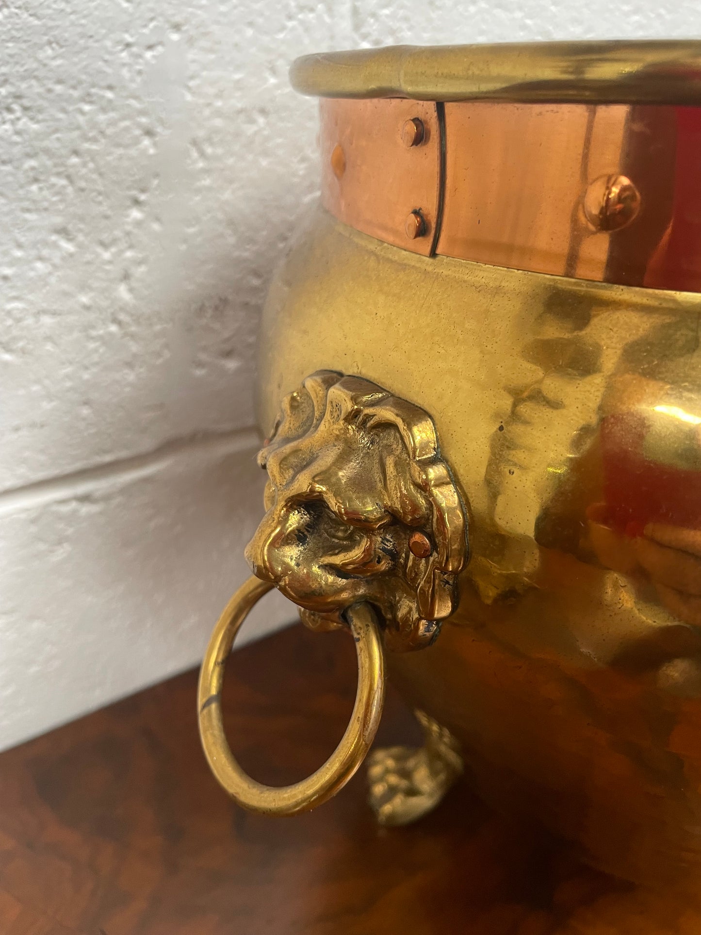 Vintage Brass & Copper Jardinière With Lions Head On Lion Legs