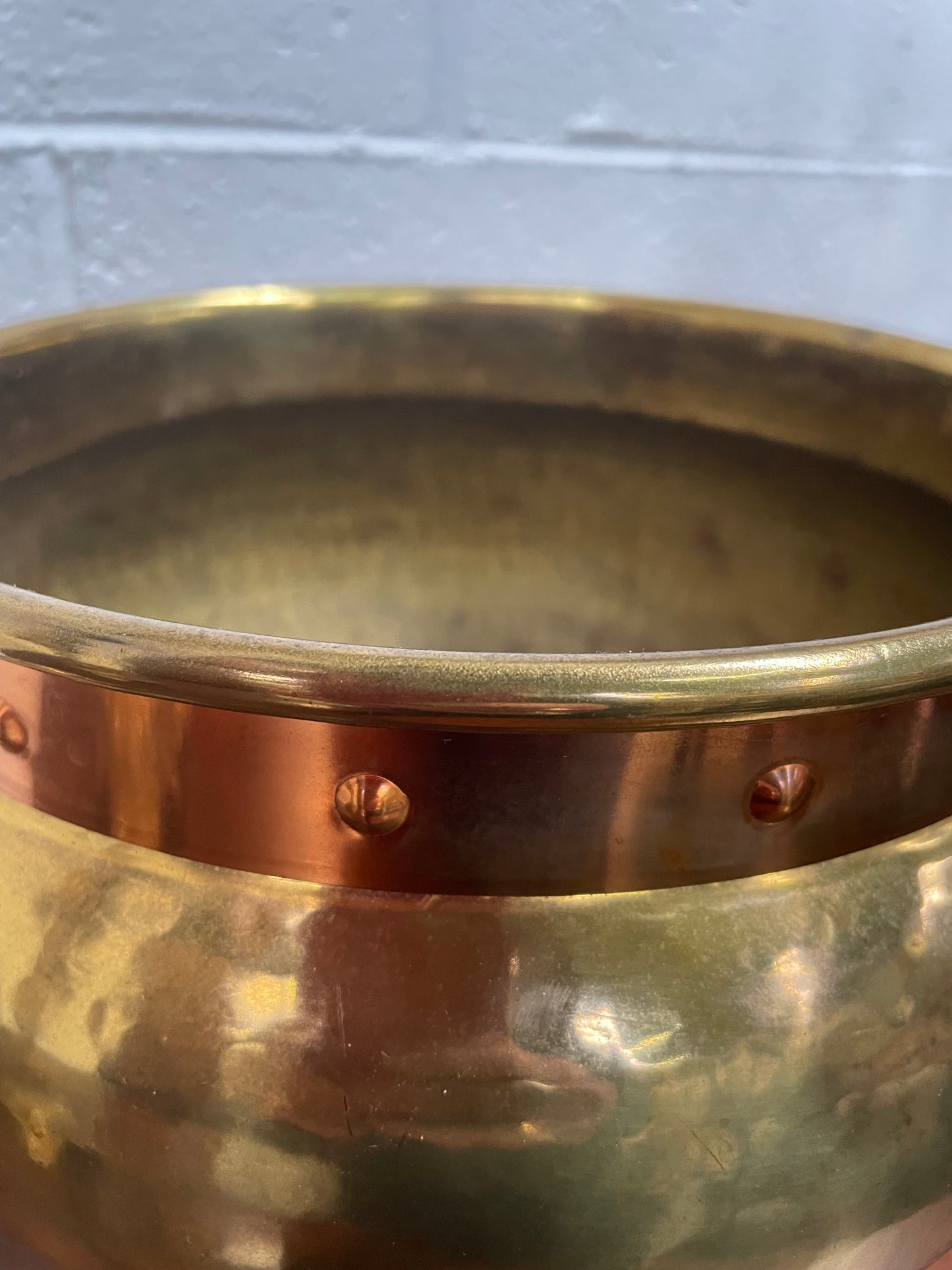 Vintage Brass & Copper Jardinière With Lions Head On Lion Legs