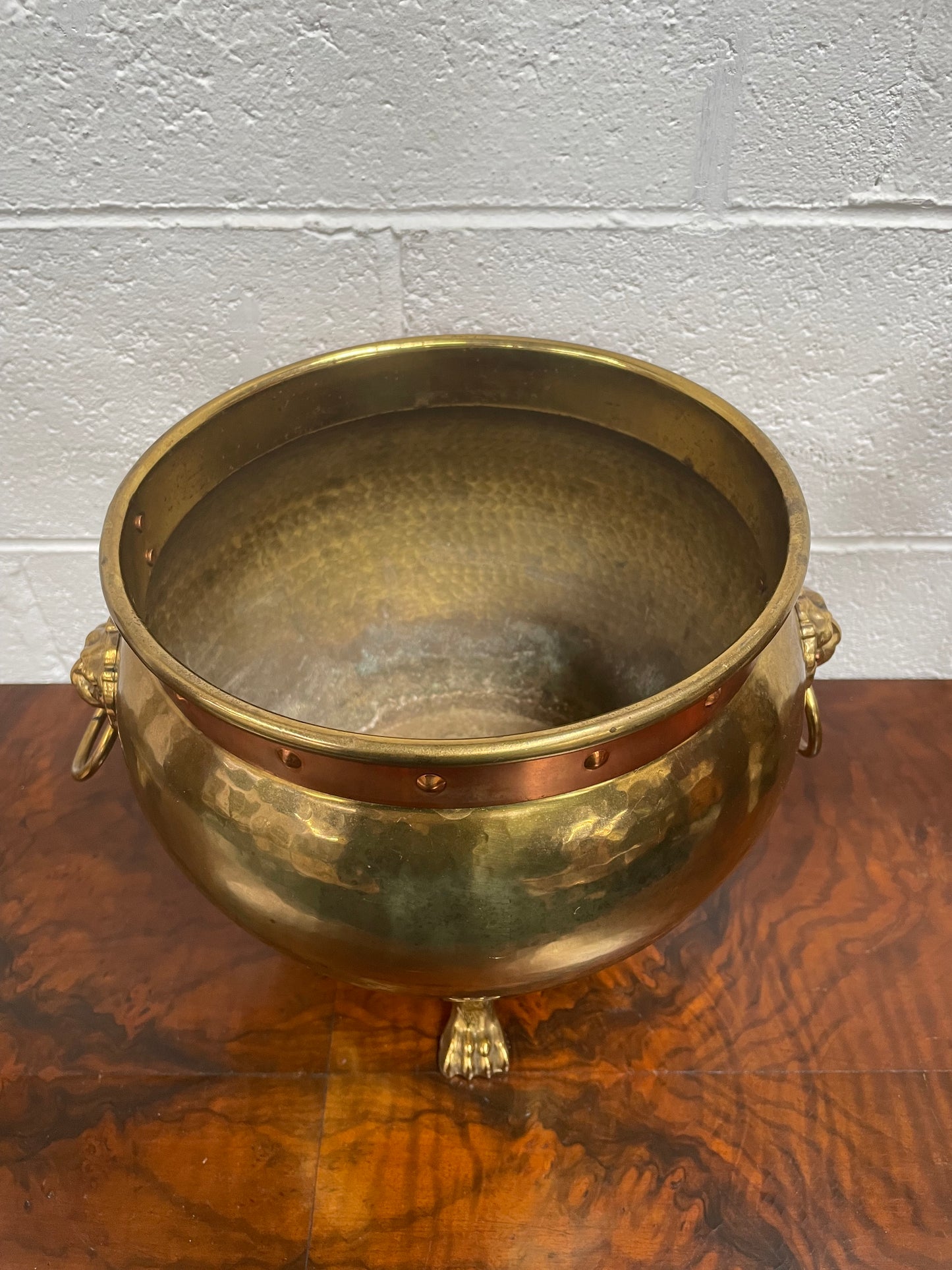 Vintage Brass & Copper Jardinière With Lions Head On Lion Legs
