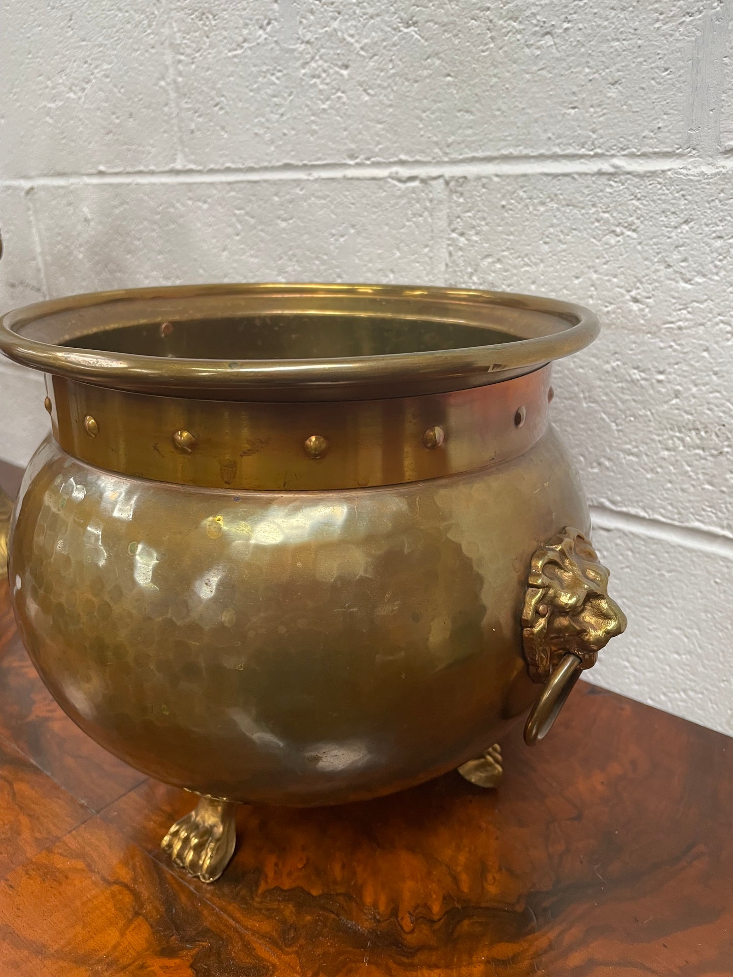 Vintage Brass & Copper Planter With Lions Head On Lion Legs