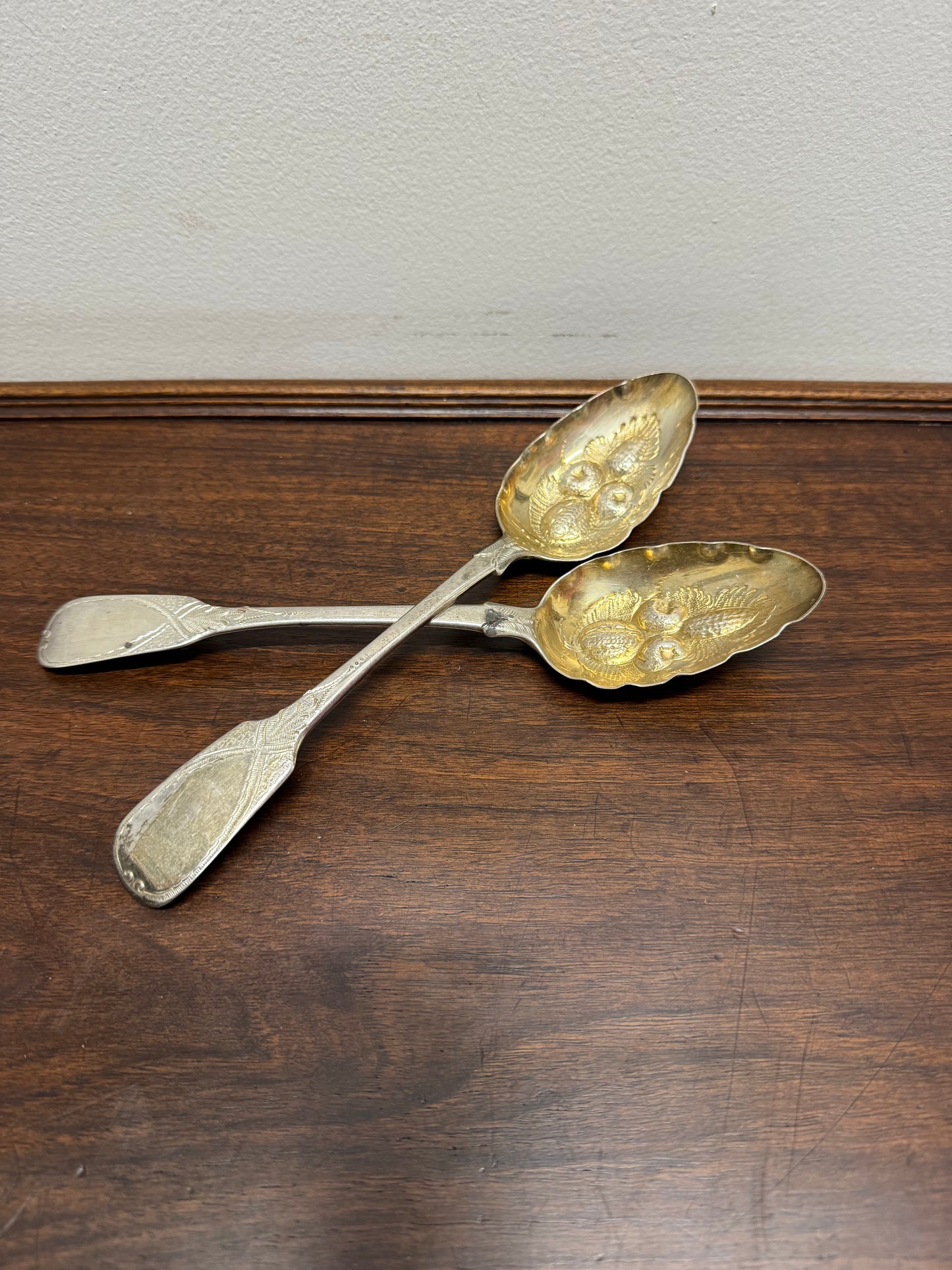 Matched Pair Georgian Sterling Silver Berry Spoons