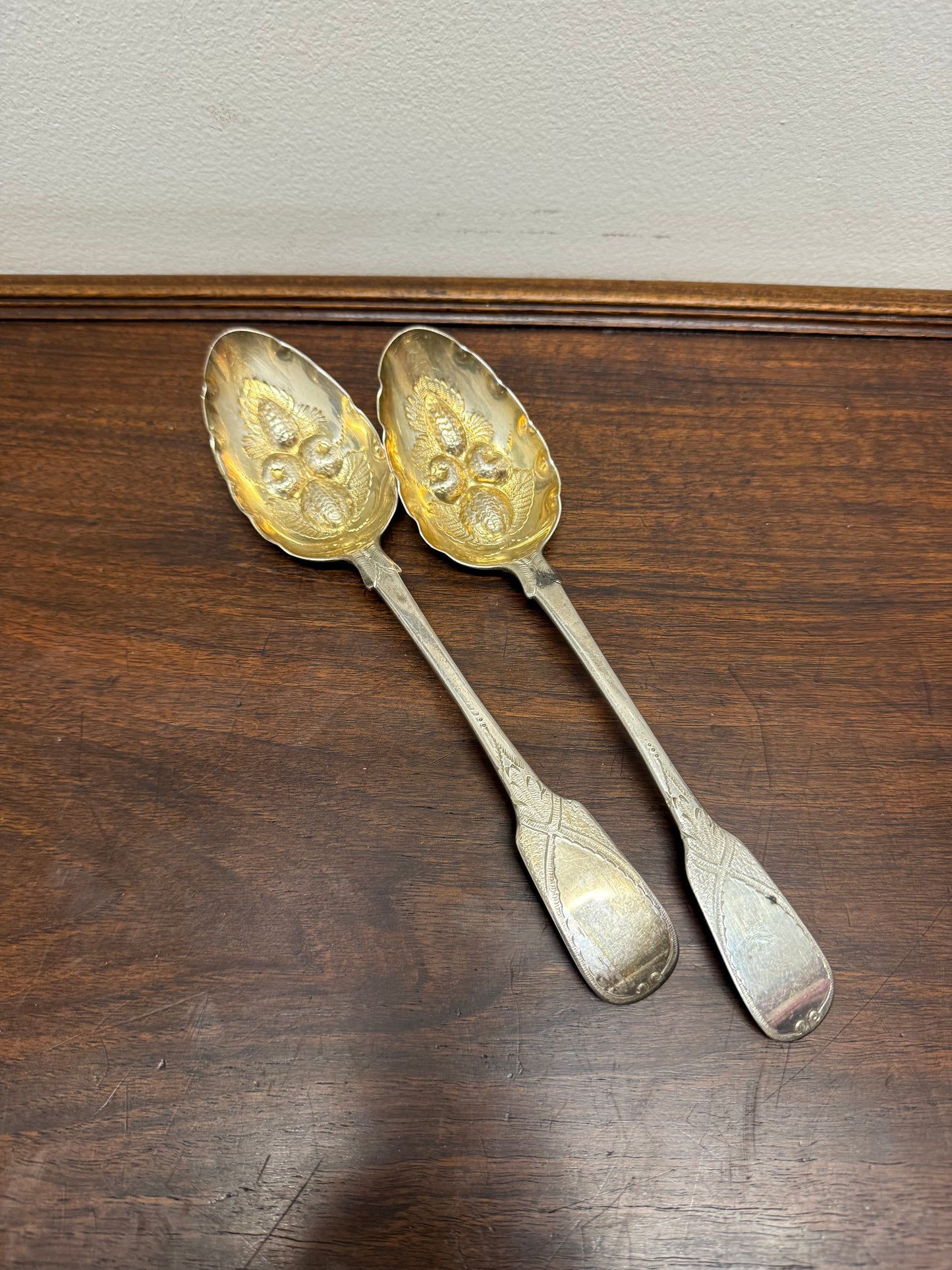 Matched Pair Georgian Sterling Silver Berry Spoons