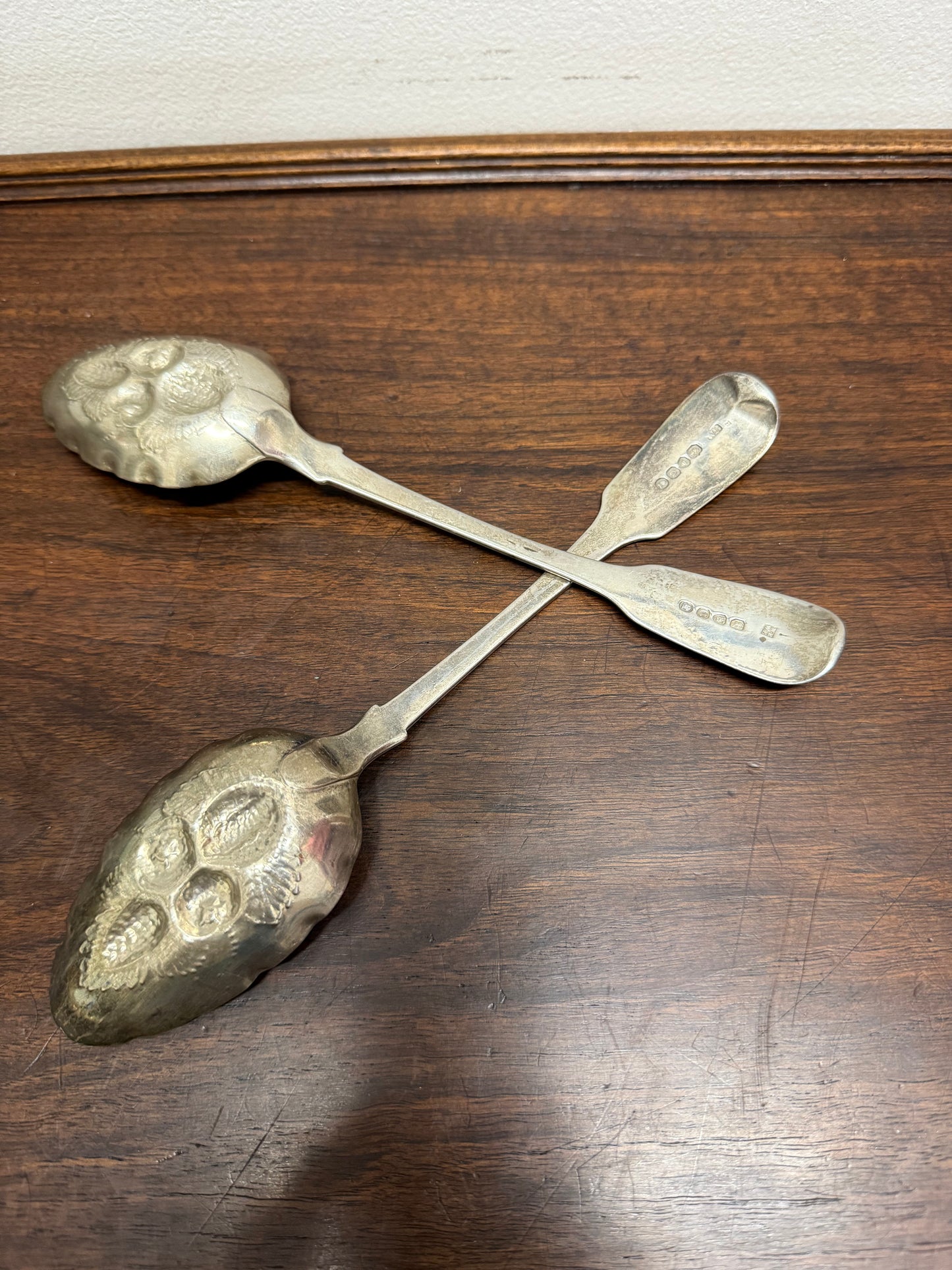 Matched Pair Georgian Sterling Silver Berry Spoons