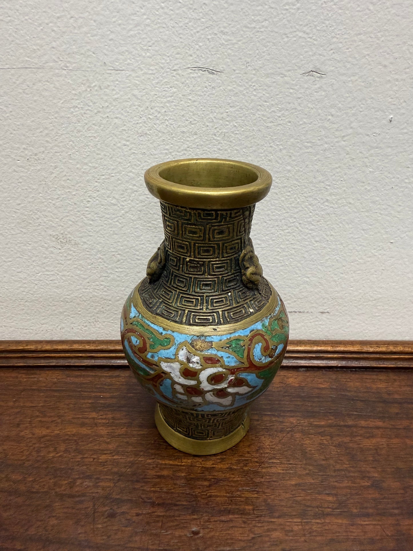 Chinese Champlevé & Cloisonne Enamel Brass Vase