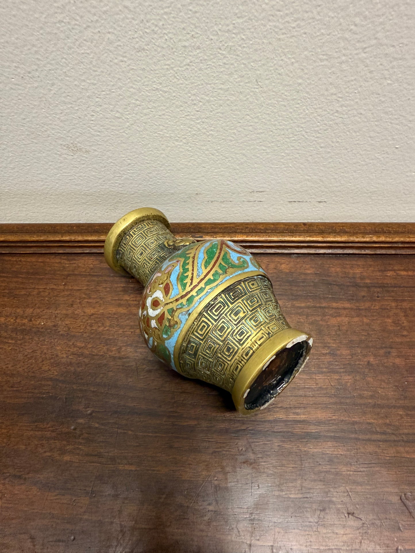Chinese Champlevé & Cloisonne Enamel Brass Vase