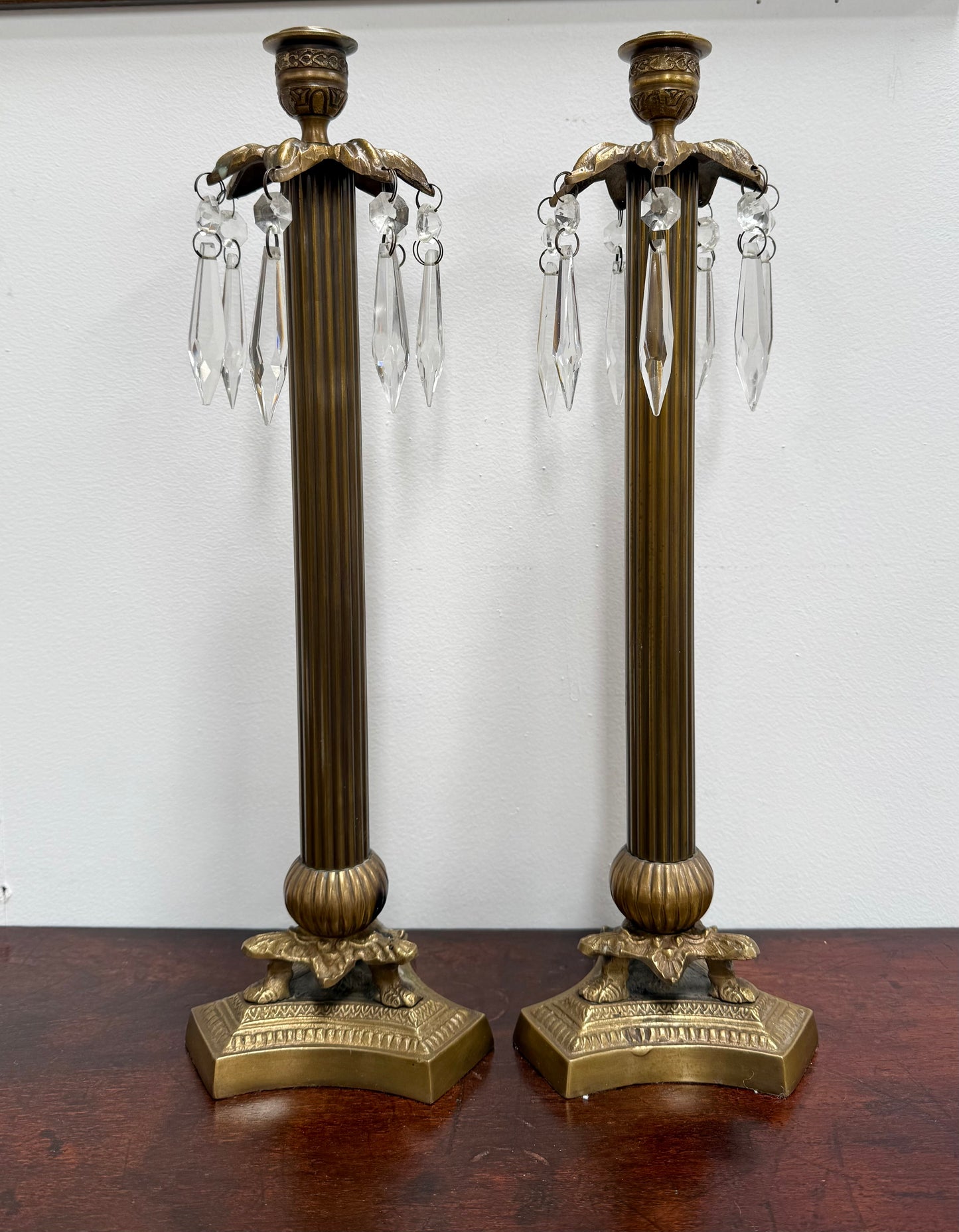 Pair Vintage Brass & Lustre Drops Candlesticks