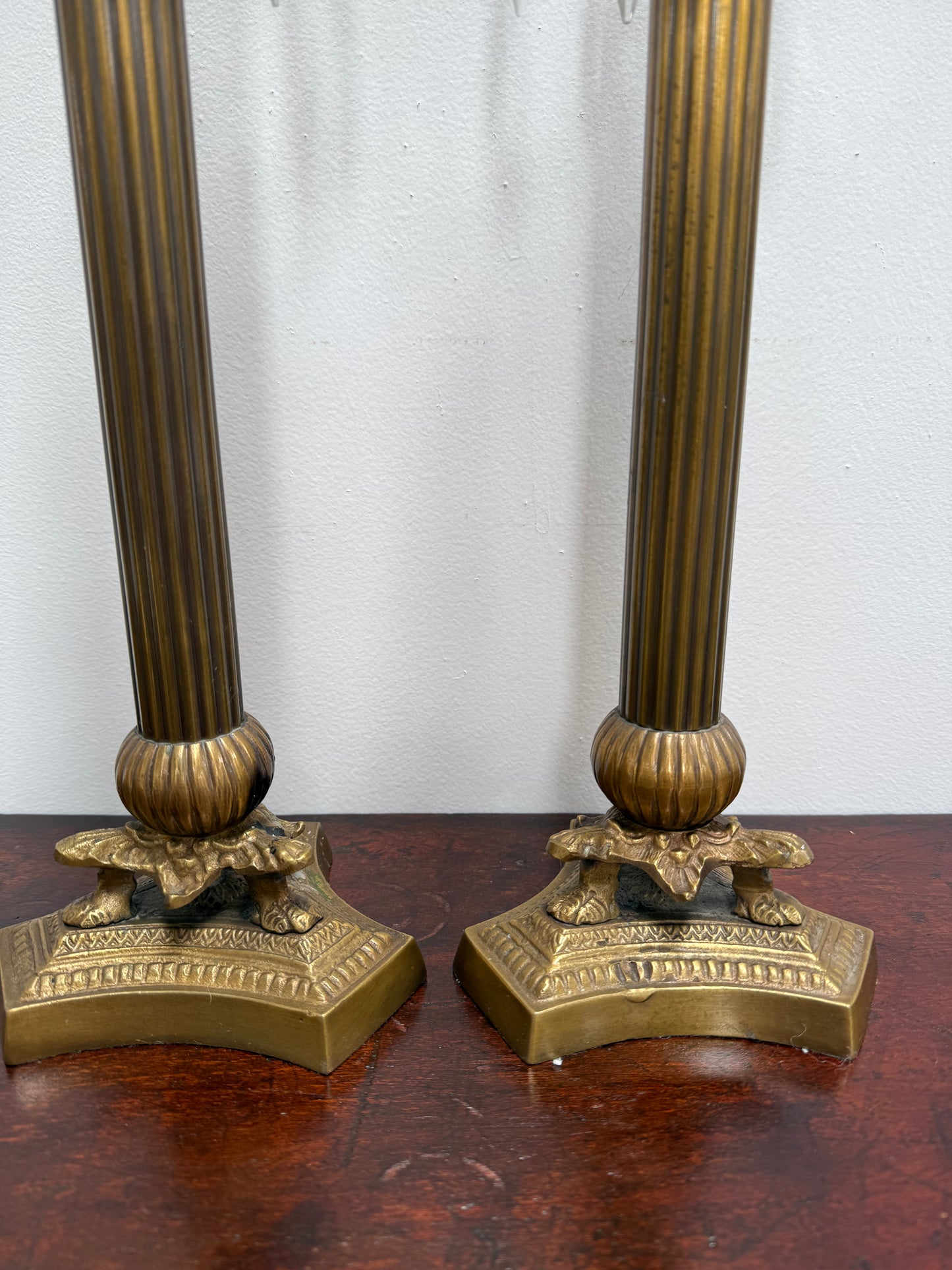 Pair Vintage Brass & Lustre Drops Candlesticks