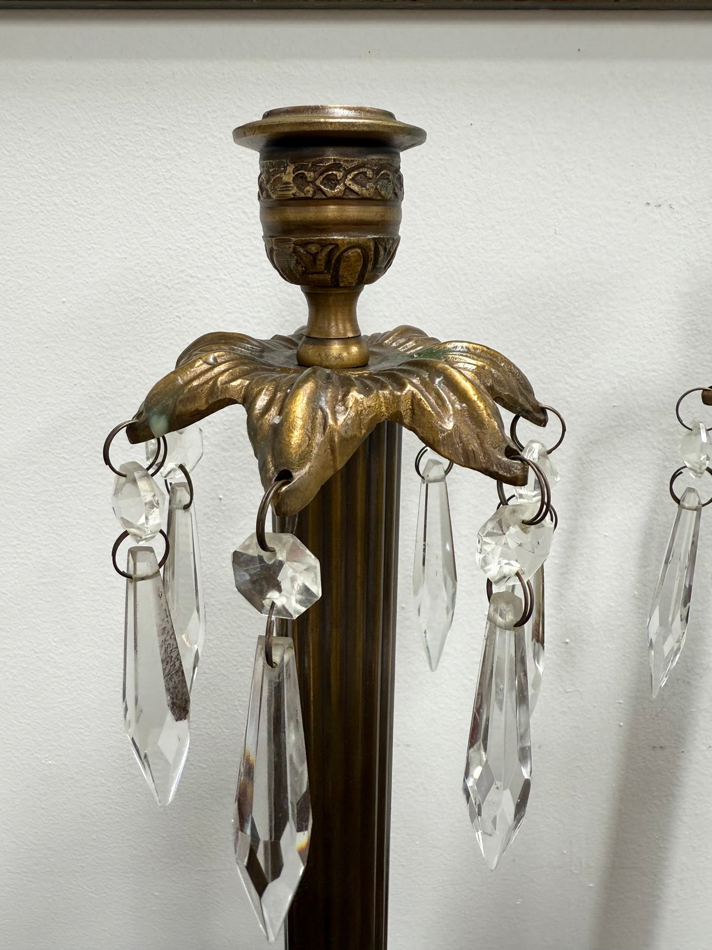 Pair Vintage Brass & Lustre Drops Candlesticks