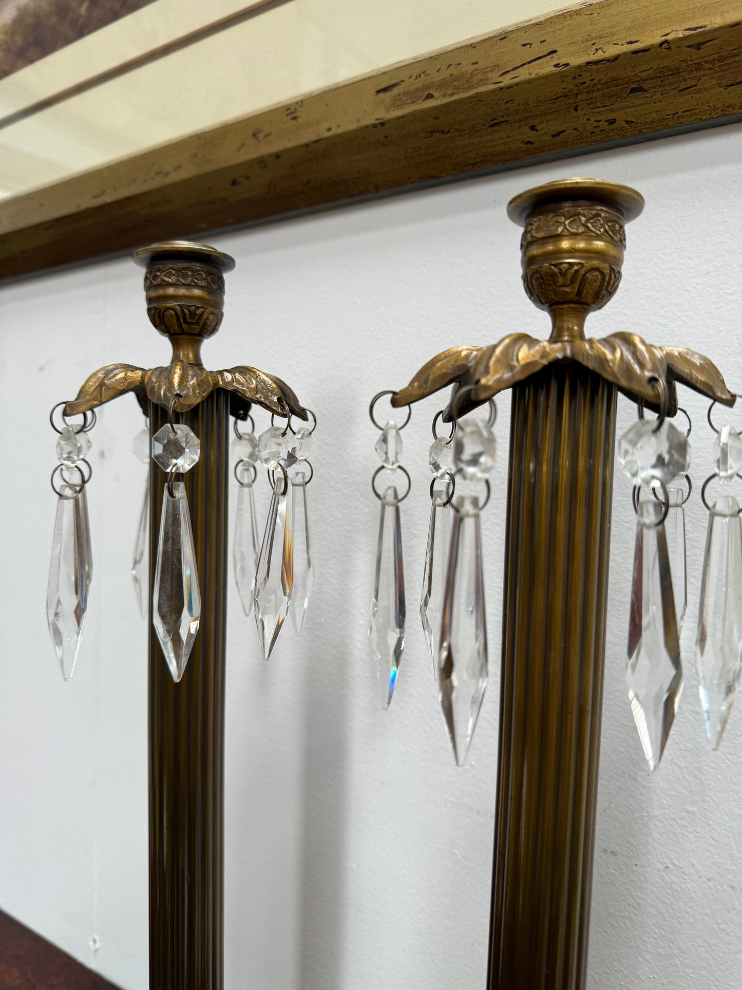 Pair Vintage Brass & Lustre Drops Candlesticks
