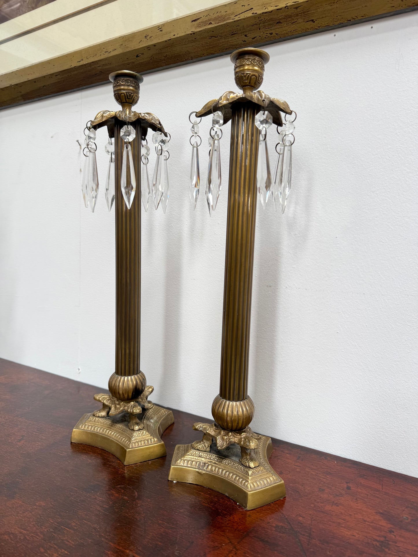 Pair Vintage Brass & Lustre Drops Candlesticks