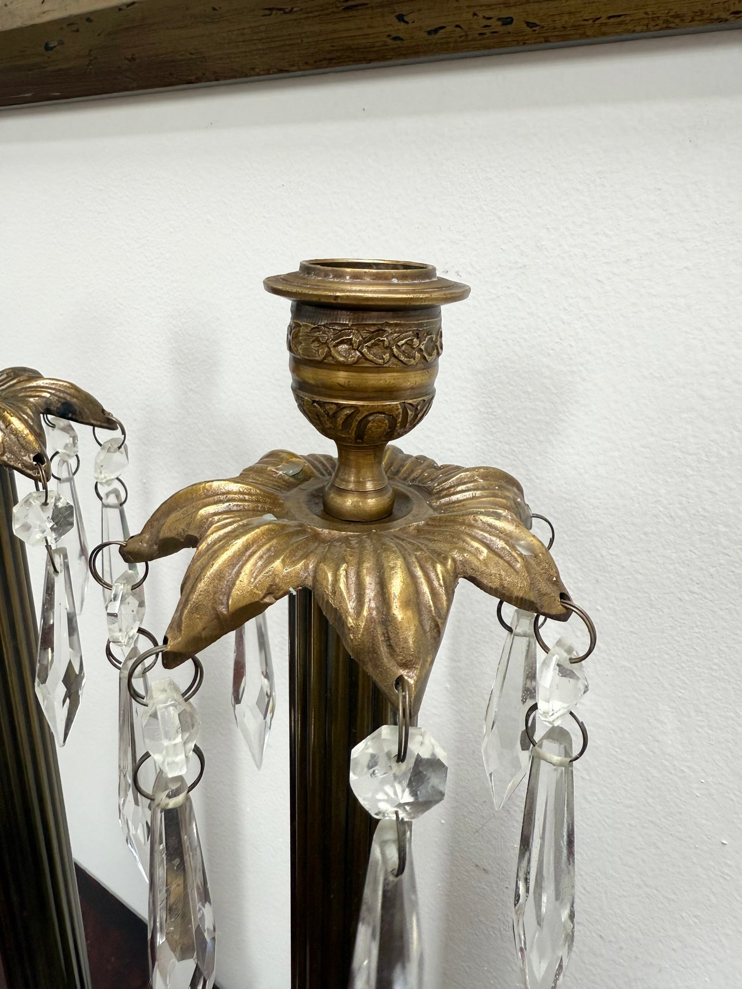 Pair Vintage Brass & Lustre Drops Candlesticks