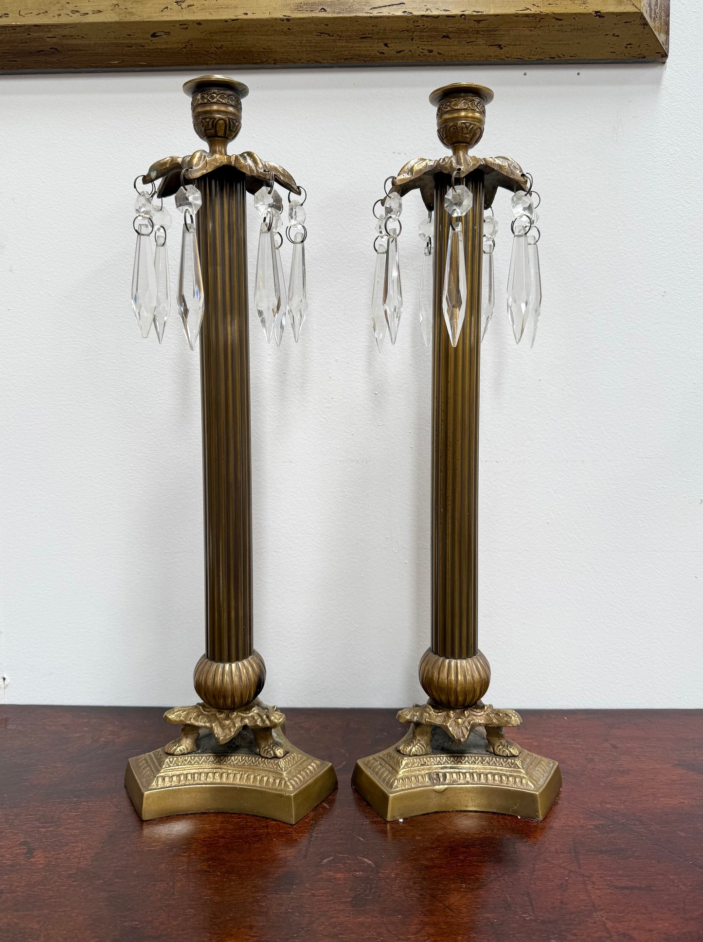 Pair Vintage Brass & Lustre Drops Candlesticks