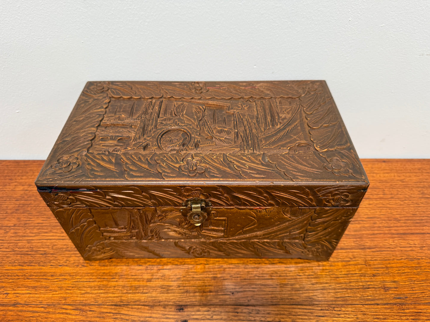 Antique Carved Camphor Wood Chest Ideal Jewellery Box