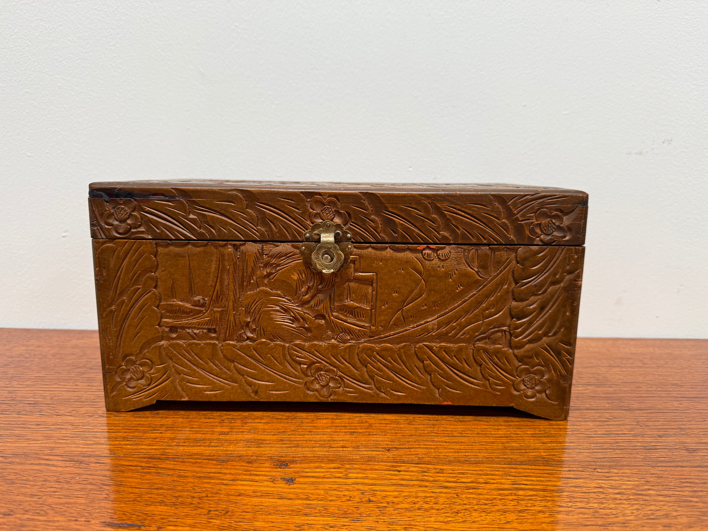 Antique Carved Camphor Wood Chest Ideal Jewellery Box