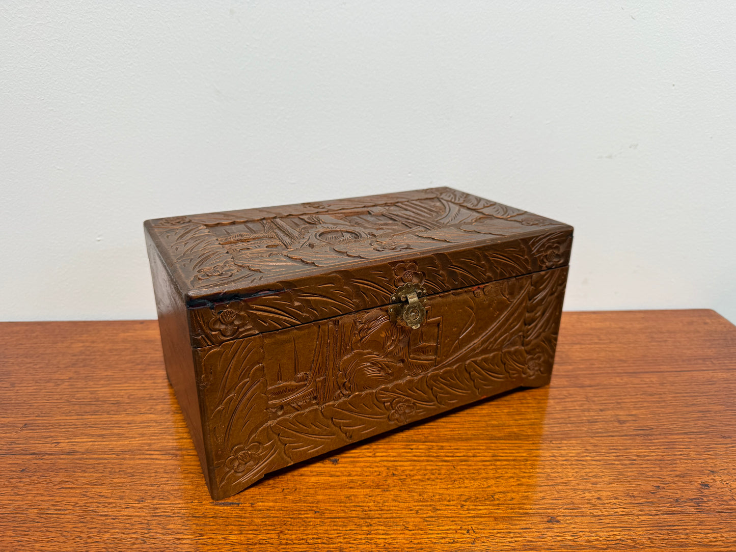 Antique Carved Camphor Wood Chest Ideal Jewellery Box