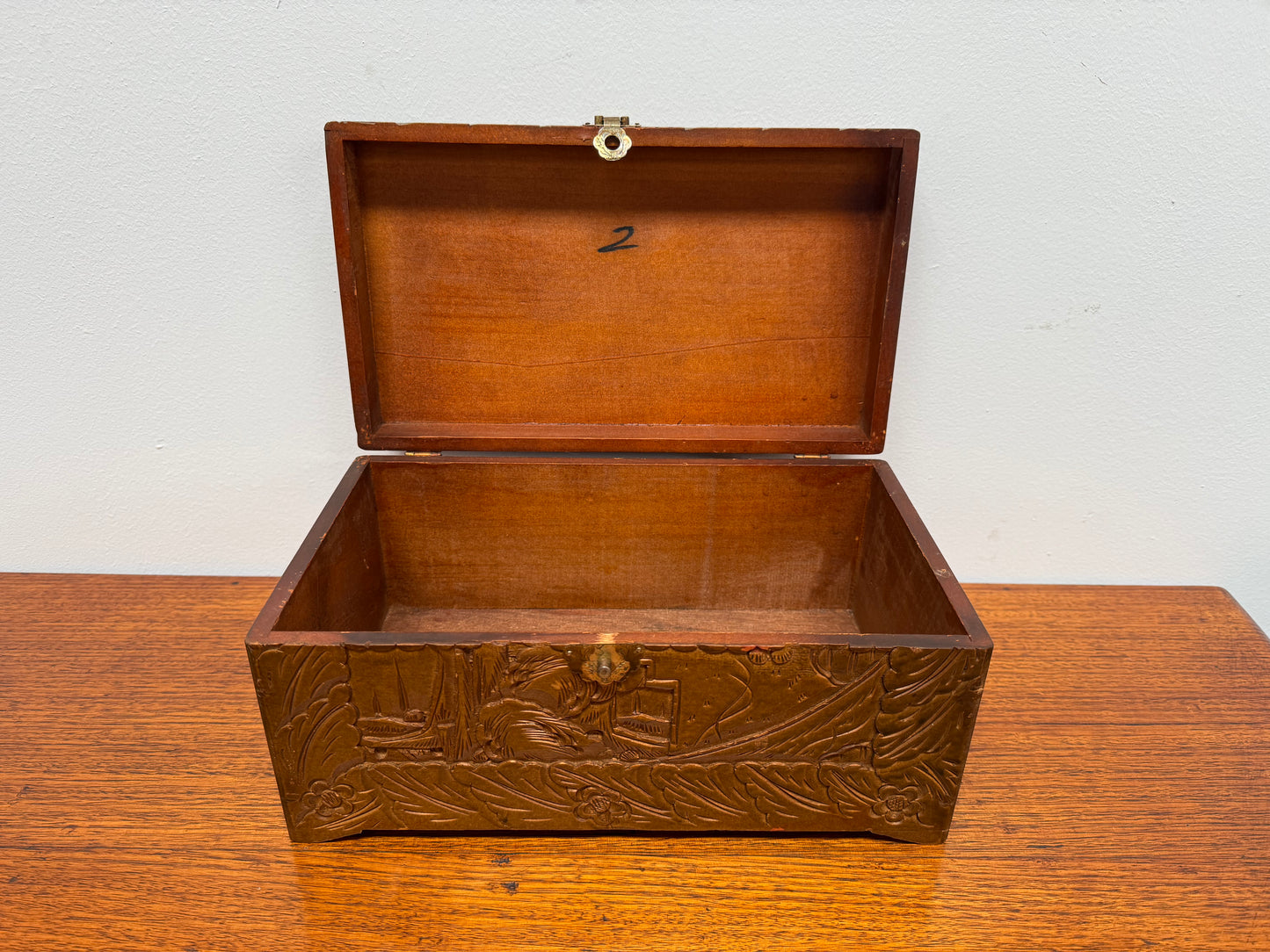Antique Carved Camphor Wood Chest Ideal Jewellery Box
