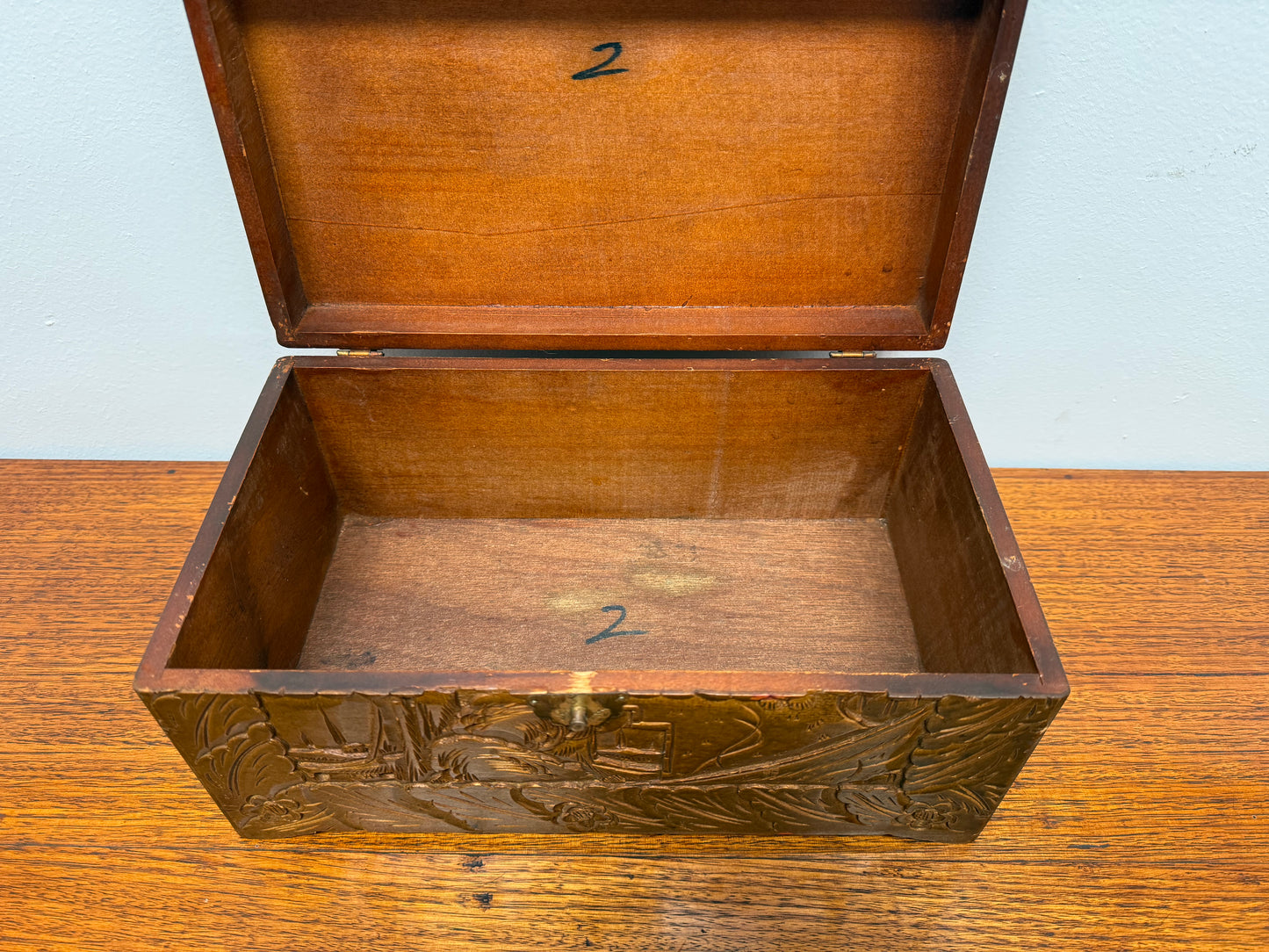 Antique Carved Camphor Wood Chest Ideal Jewellery Box