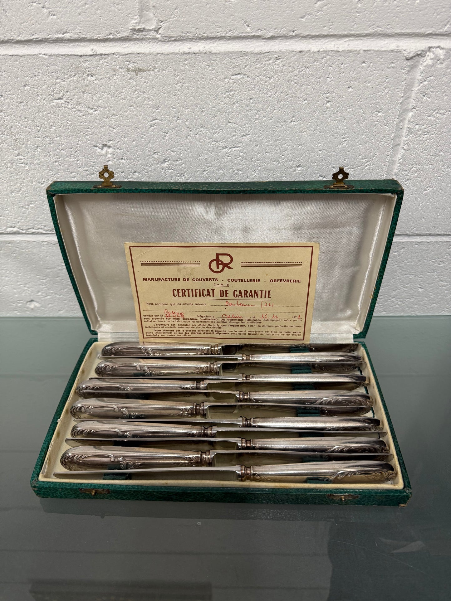 Pairs Made Vintage Set of 12 French Silver Plated Knifes in Original Box
