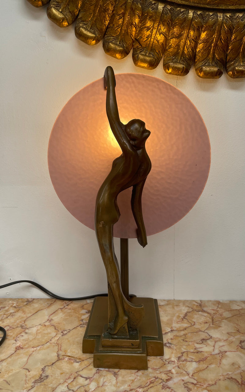 Gorgeous bronze and art glass Diana lamp. It has been rewired to Australian standards and is in good original working condition.