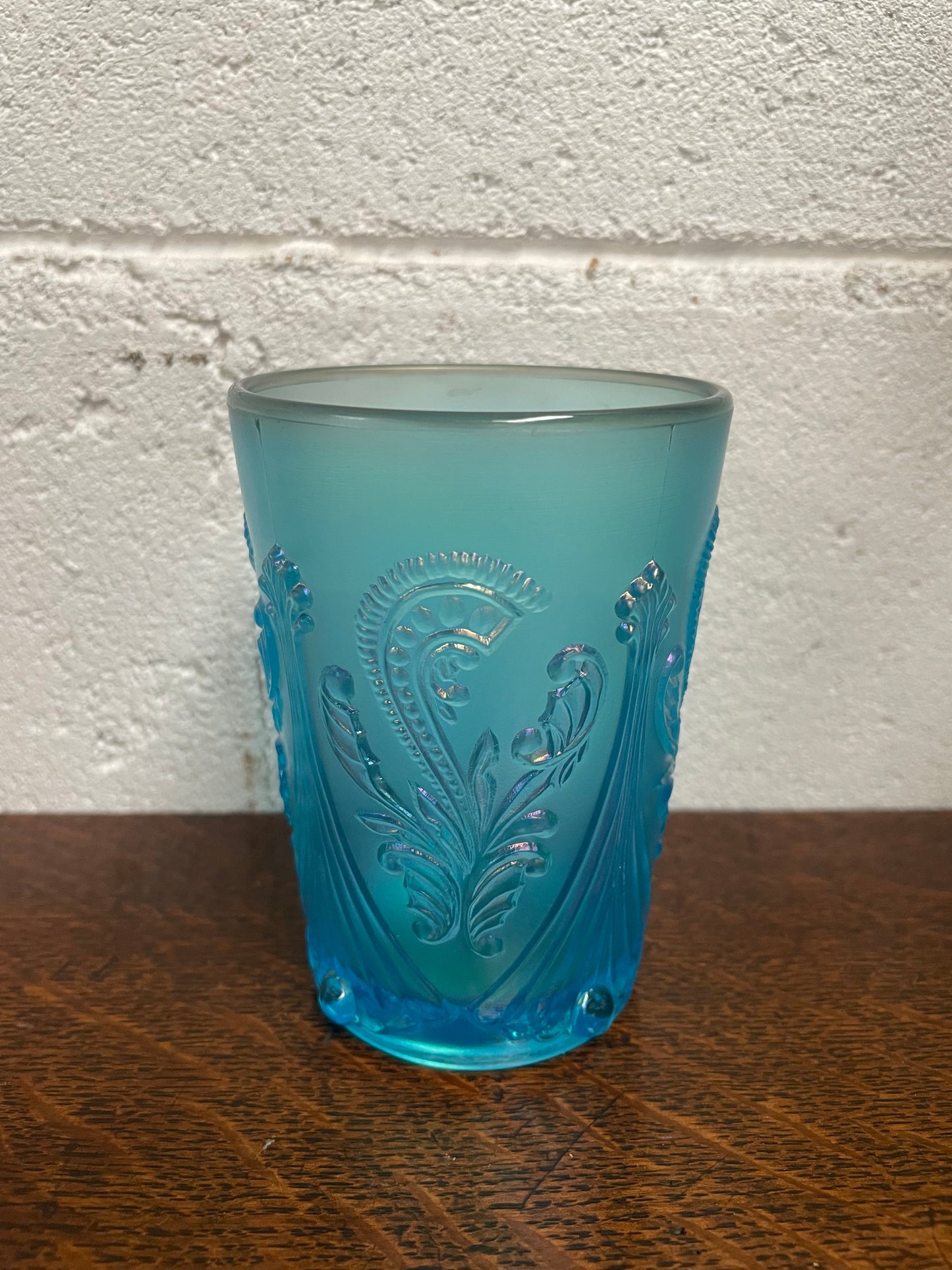 Beautiful ice blue Carnival Glass tumbler cup. Stamped underneath and in good original condition. Please view photos as they help form part of the description.