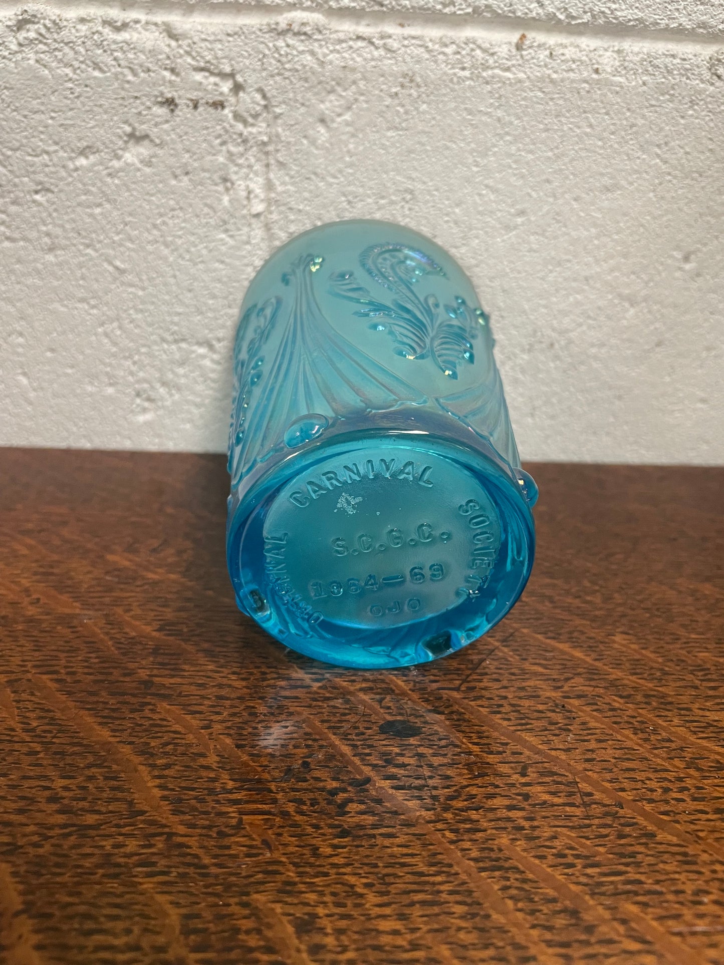 Beautiful ice blue Carnival Glass tumbler cup. Stamped underneath and in good original condition. Please view photos as they help form part of the description.