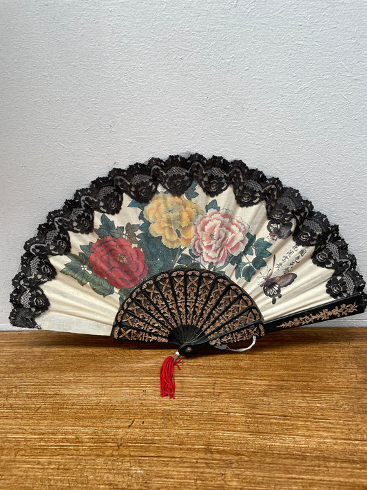 Beautiful Black and Cream Floral Painted Fan