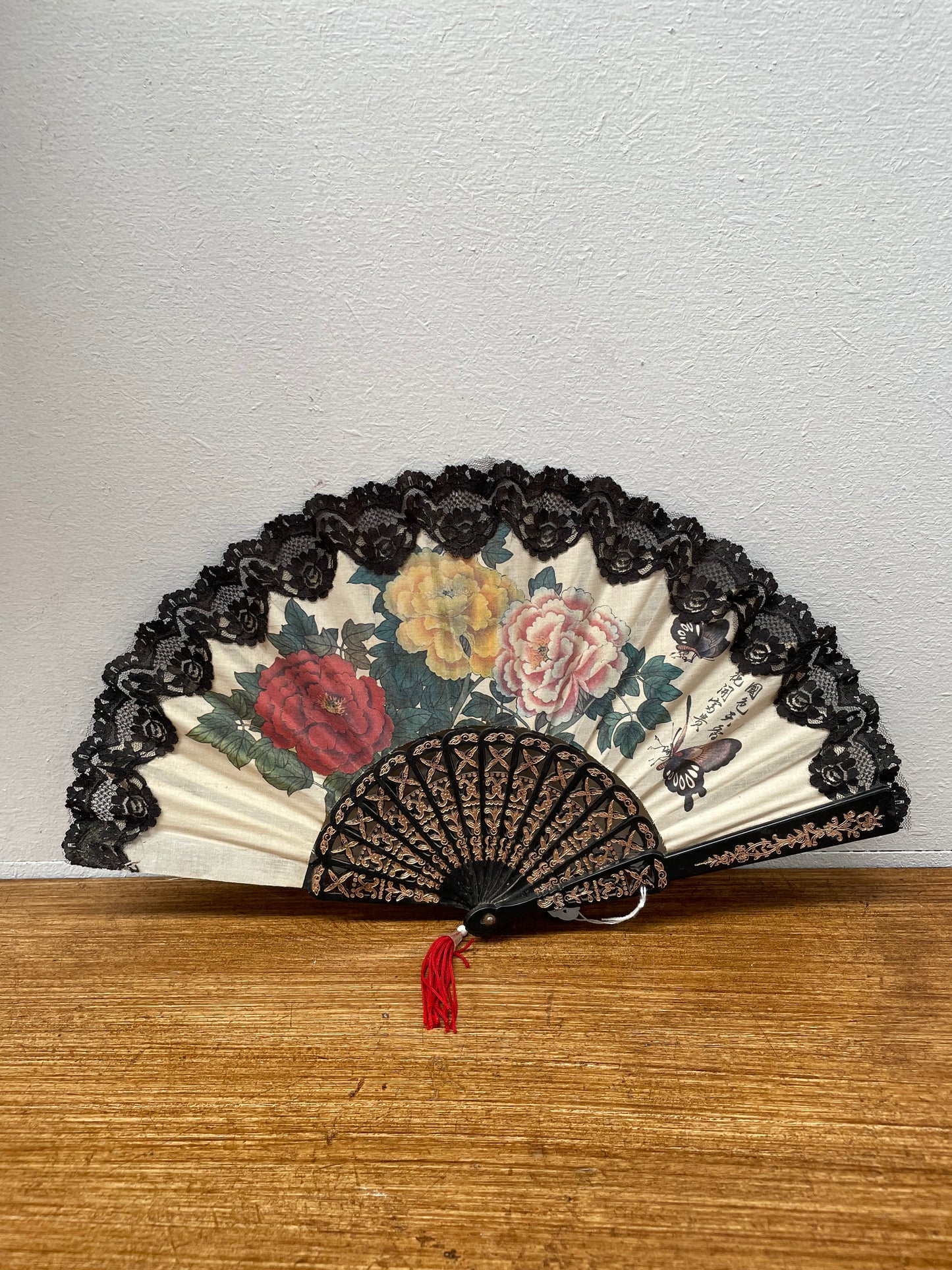 Beautiful Black and Cream Floral Painted Fan