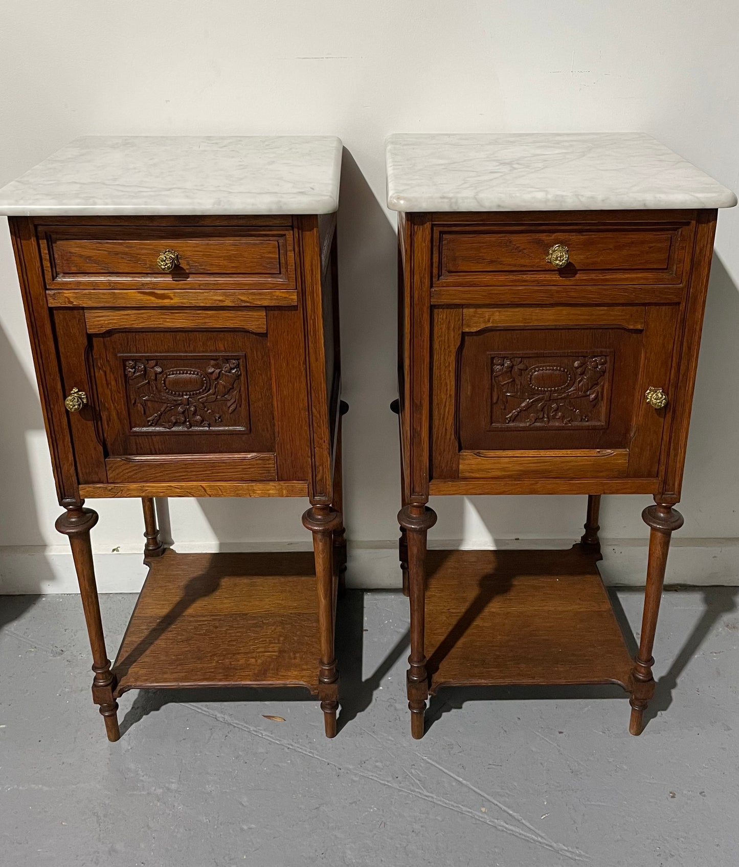 Pair Of Louis XVth Style Marble Top Bedside Cabinets