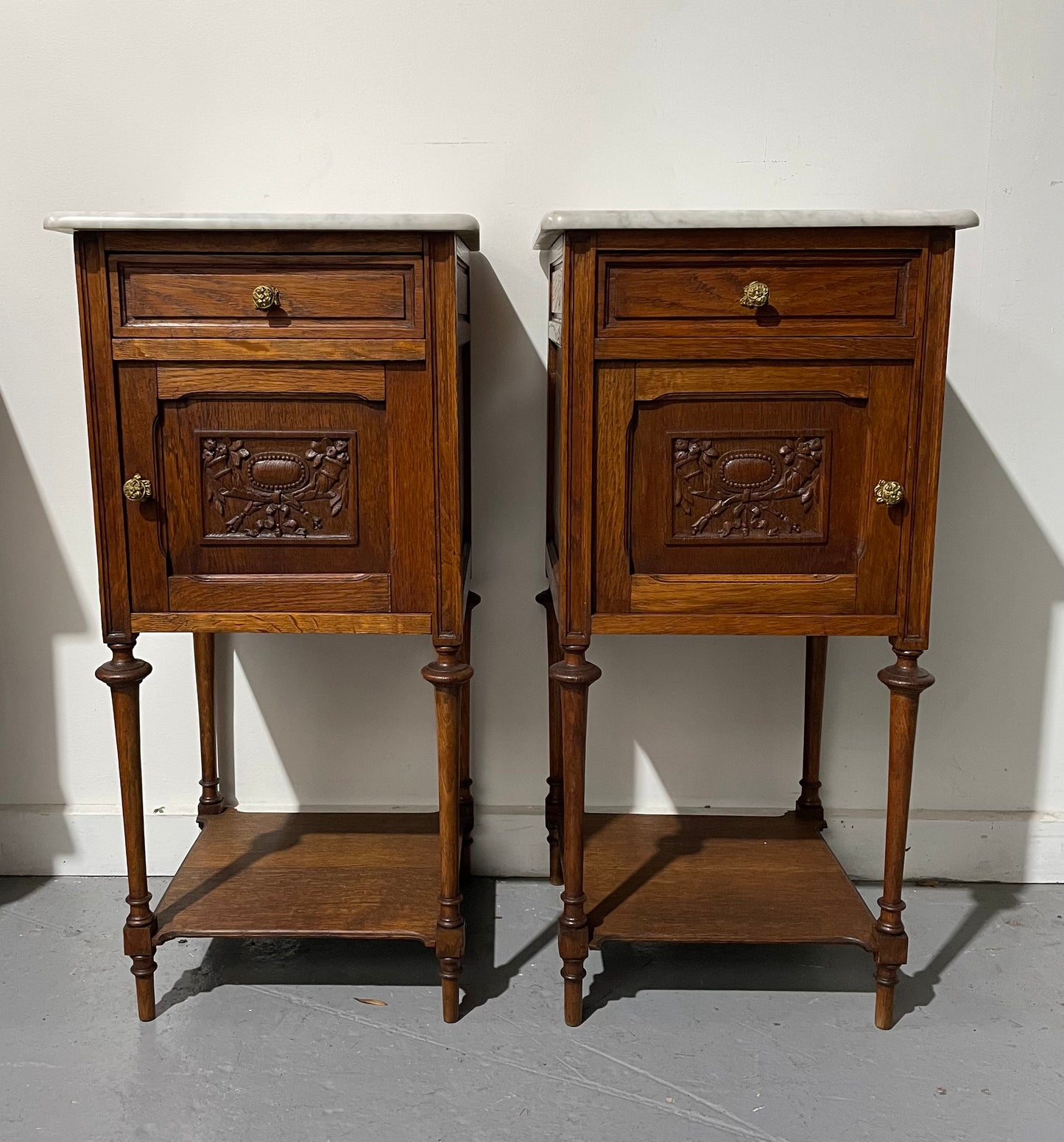 Pair Of Louis XVth Style Marble Top Bedside Cabinets
