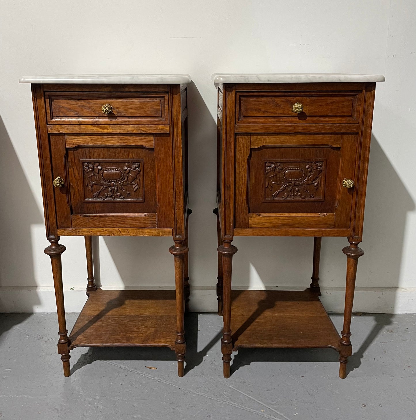 Pair Of Louis XVth Style Marble Top Bedside Cabinets