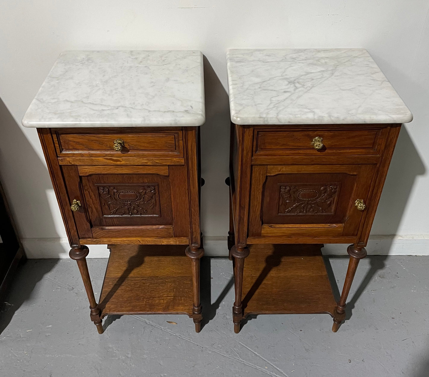 Pair Of Louis XVth Style Marble Top Bedside Cabinets