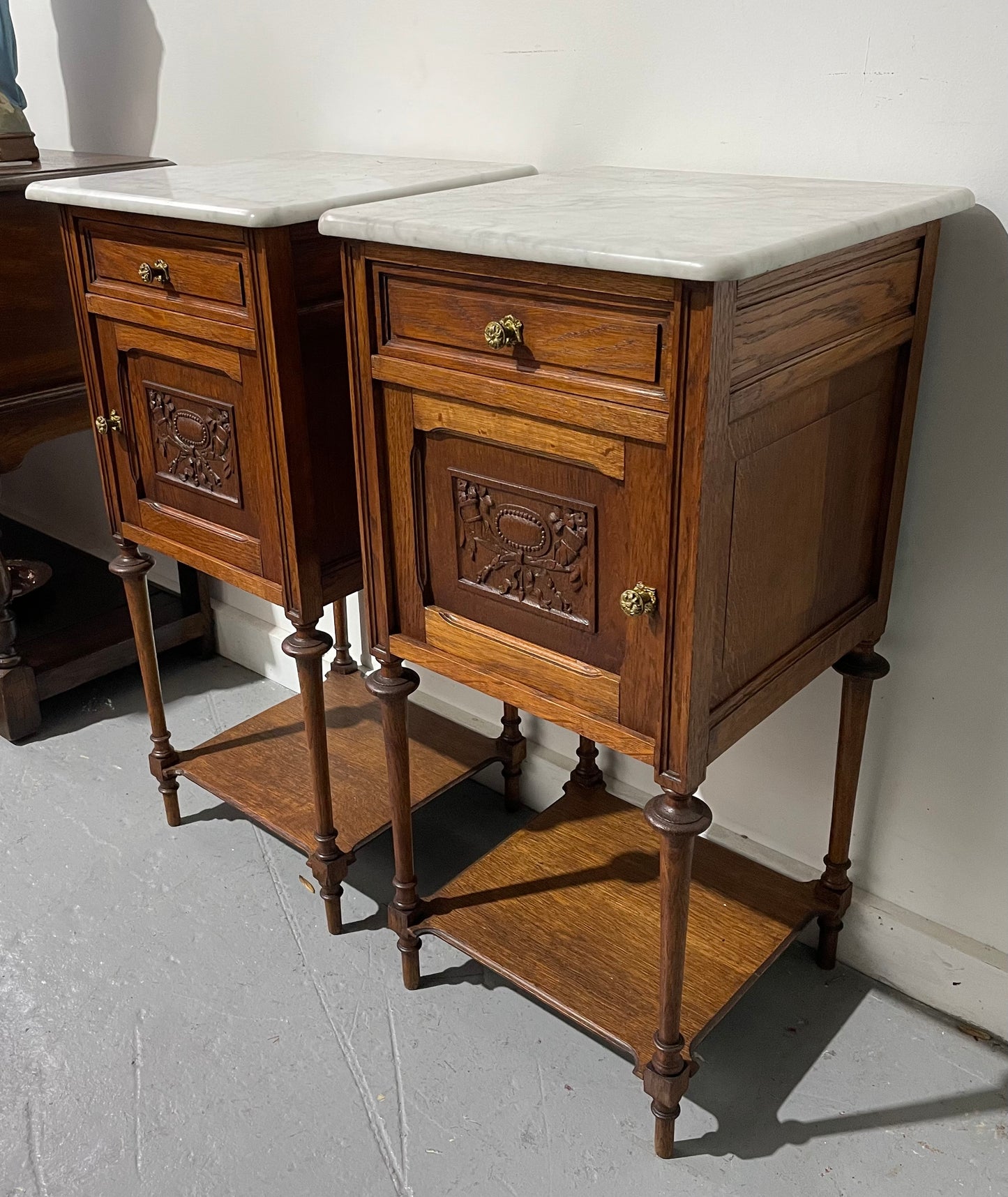 Pair Of Louis XVth Style Marble Top Bedside Cabinets
