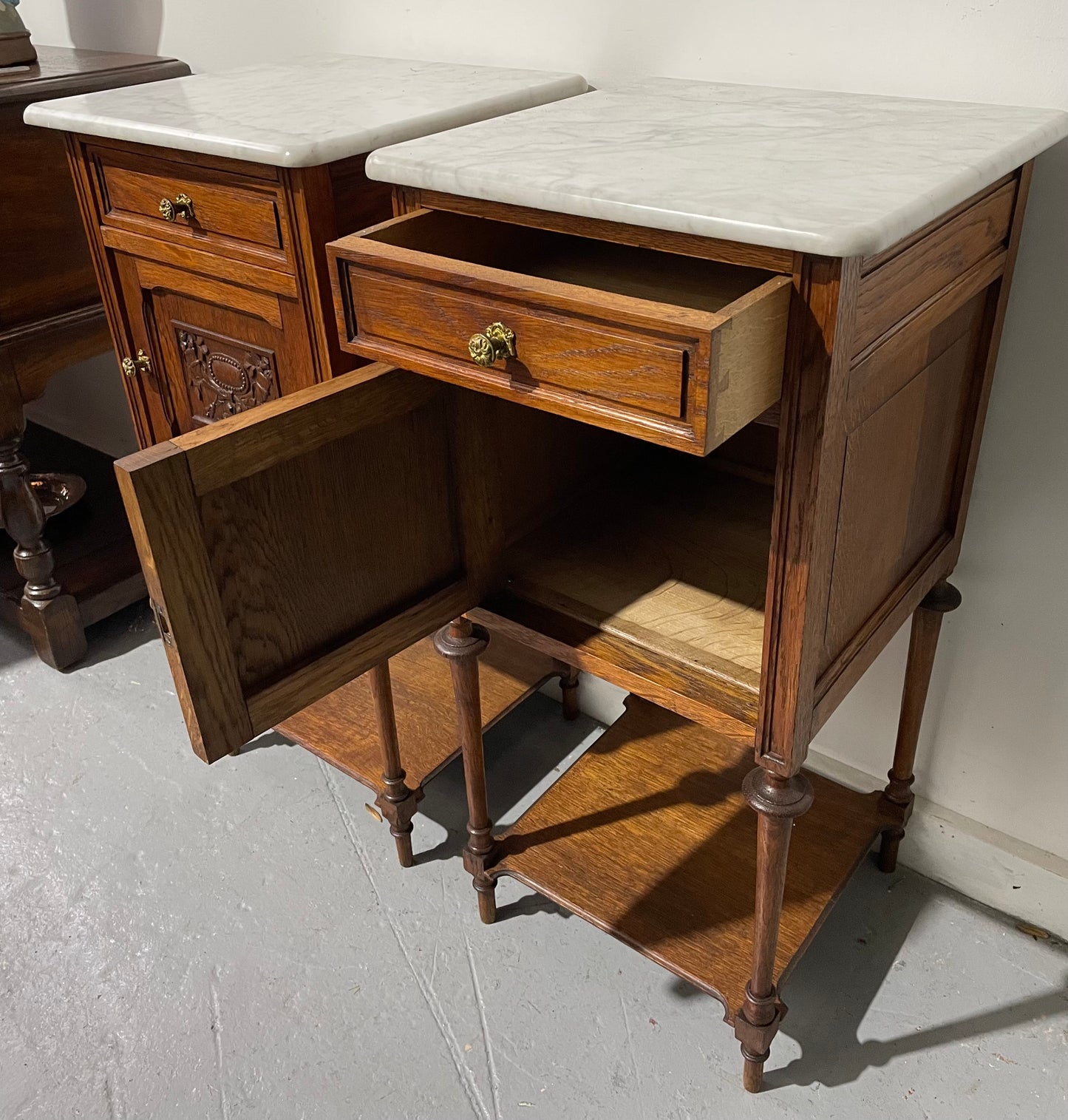 Pair Of Louis XVth Style Marble Top Bedside Cabinets