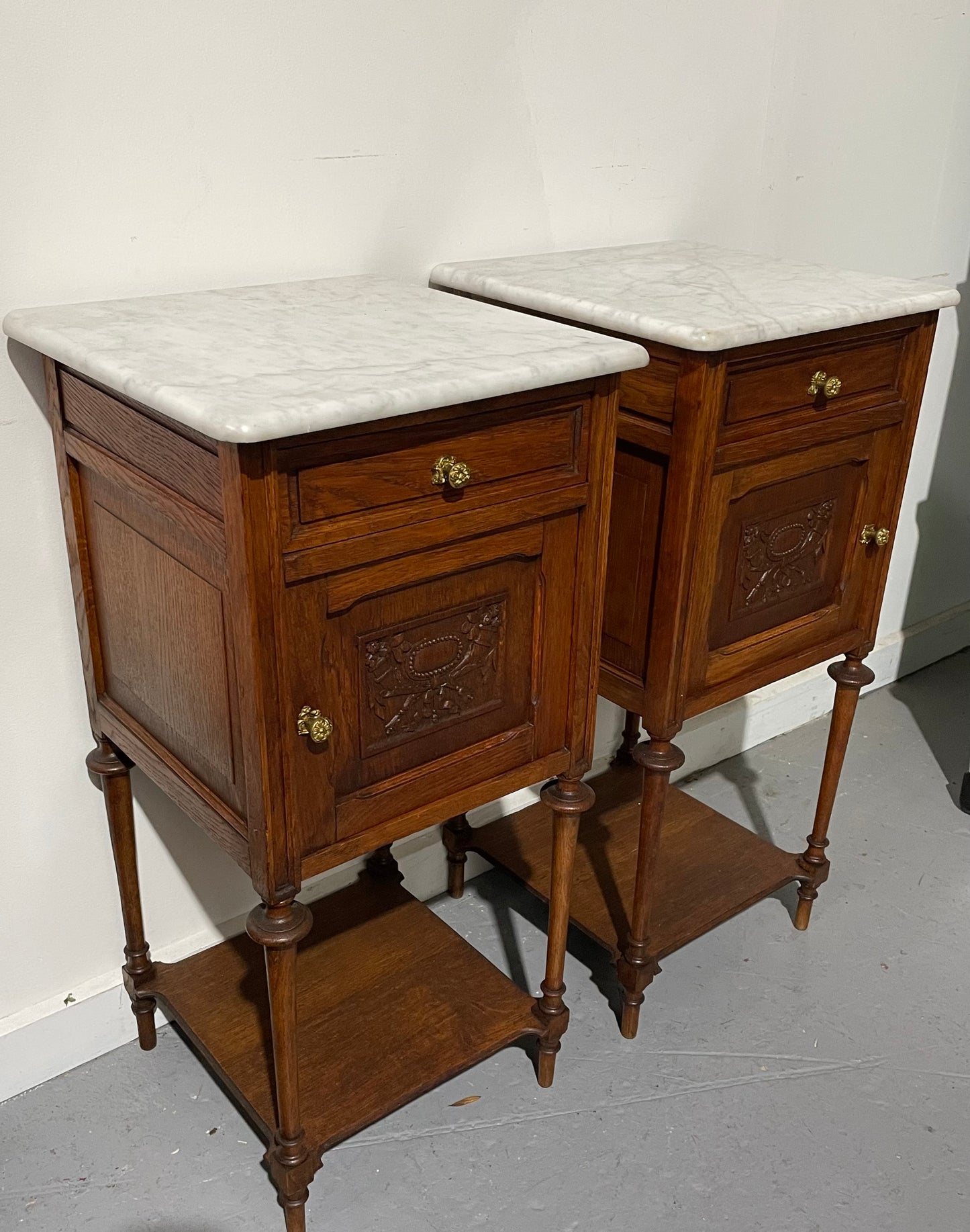 Pair Of Louis XVth Style Marble Top Bedside Cabinets