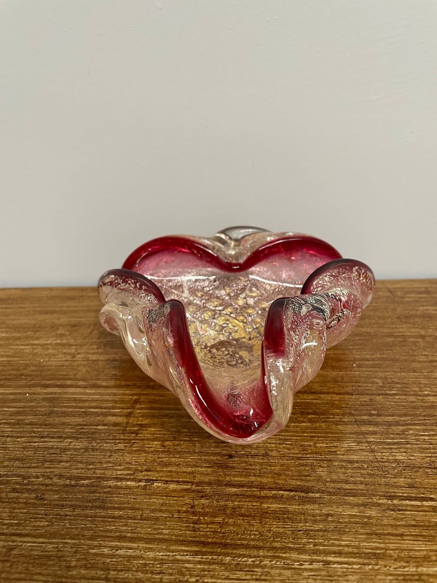 Very attractive cranberry, clear glass with silver and gold aventurine bullicante dish. In good original condition.