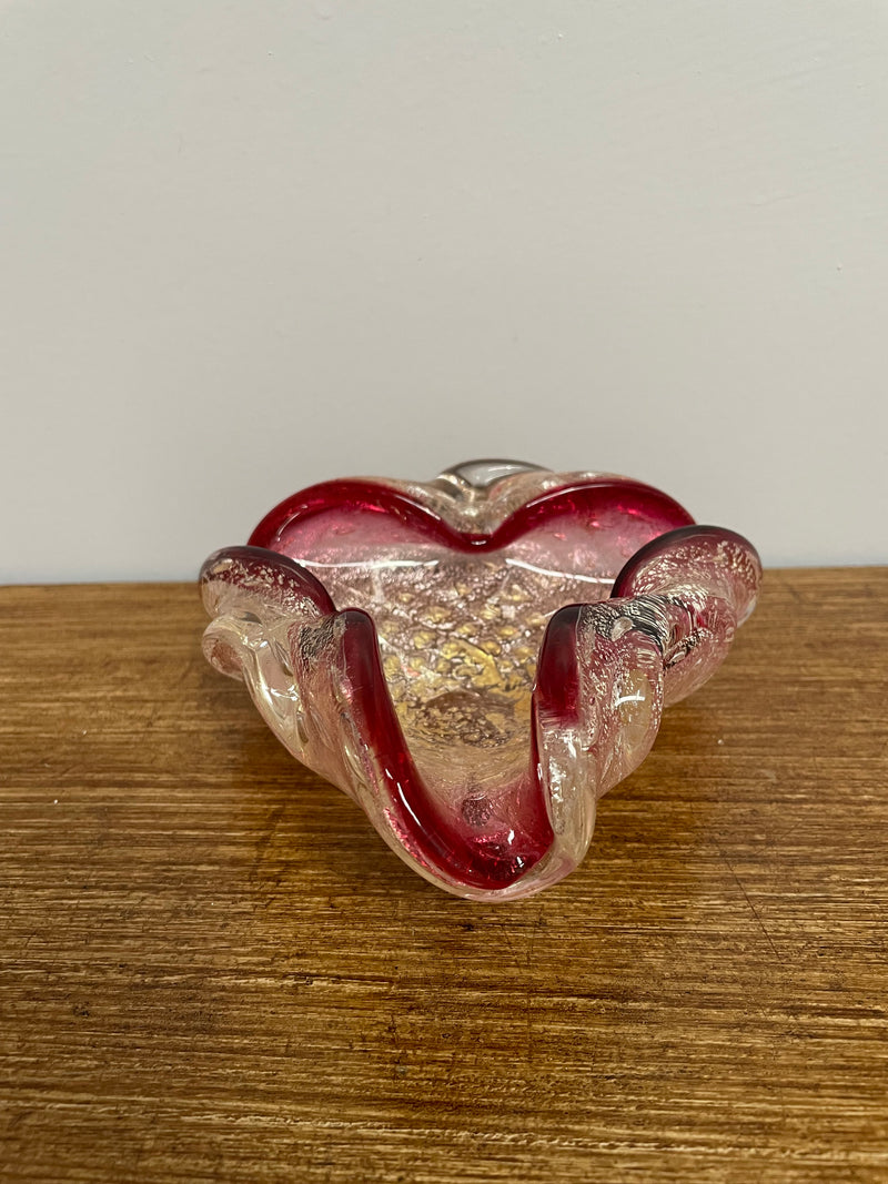 Very attractive cranberry, clear glass with silver and gold aventurine bullicante dish. In good original condition.