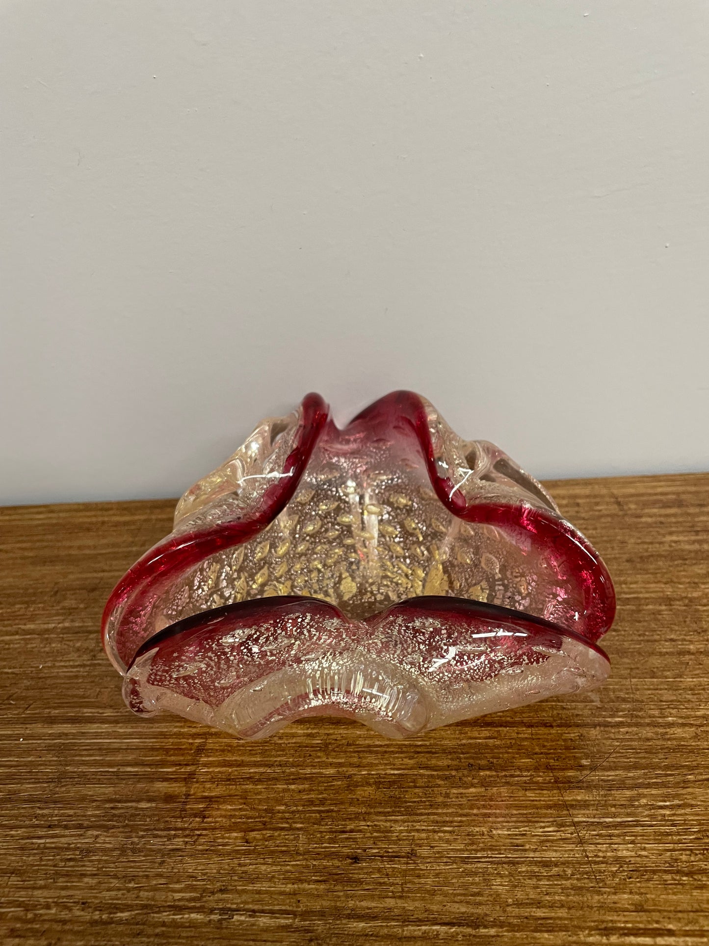Very attractive cranberry, clear glass with silver and gold aventurine bullicante dish. In good original condition.