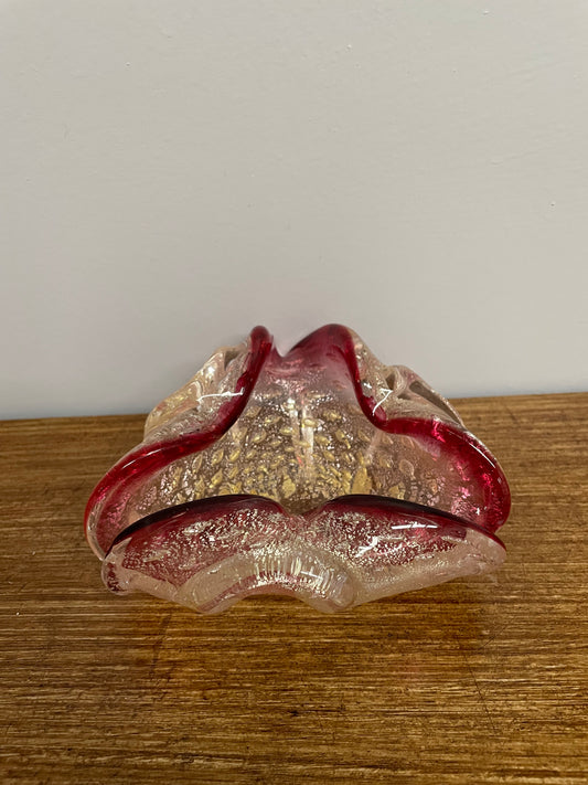 Very attractive cranberry, clear glass with silver and gold aventurine bullicante dish. In good original condition.