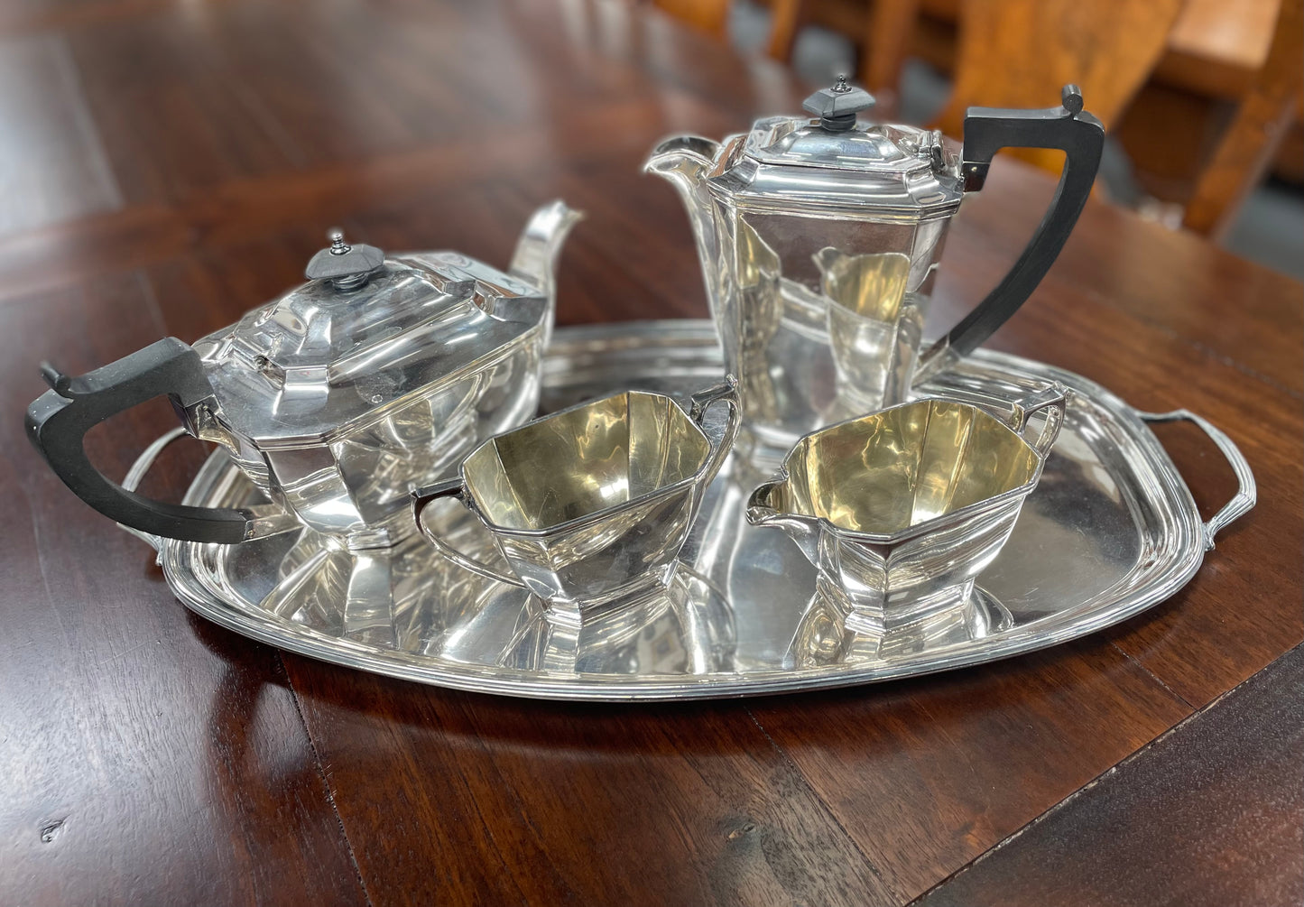 Elegant "Drummond & Co" Silver-plate 4 Piece Tea Service and Conforming Tray.