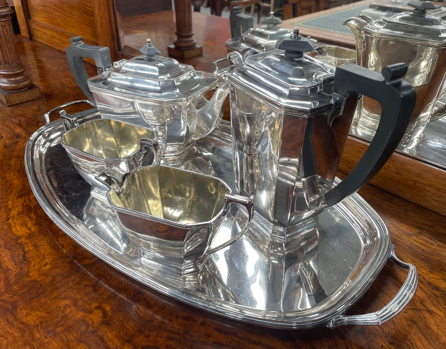 Elegant "Drummond & Co" Silver-plate 4 Piece Tea Service and Conforming Tray.